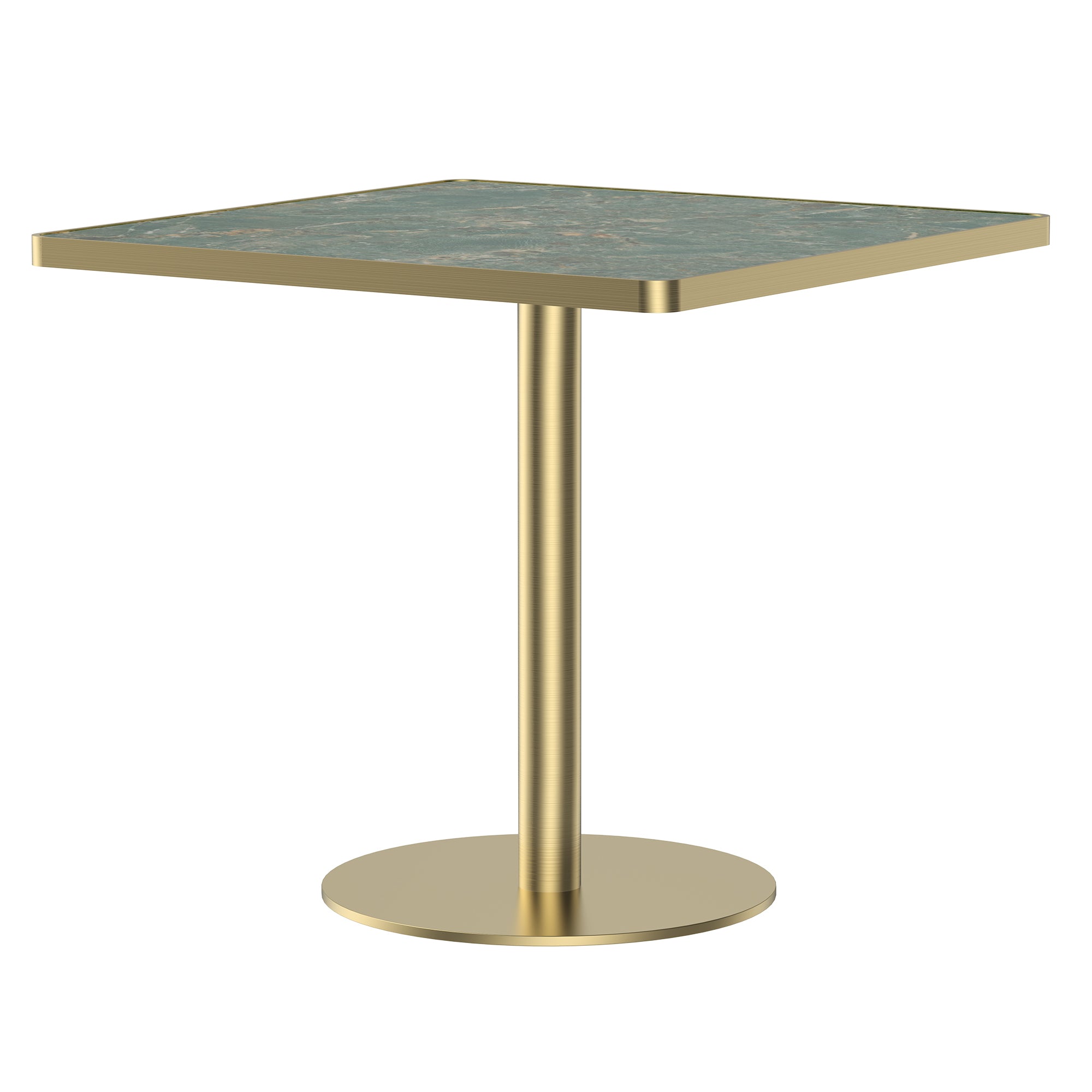 Gold and green sintered stone square dining table, front three-quarter view, white studio