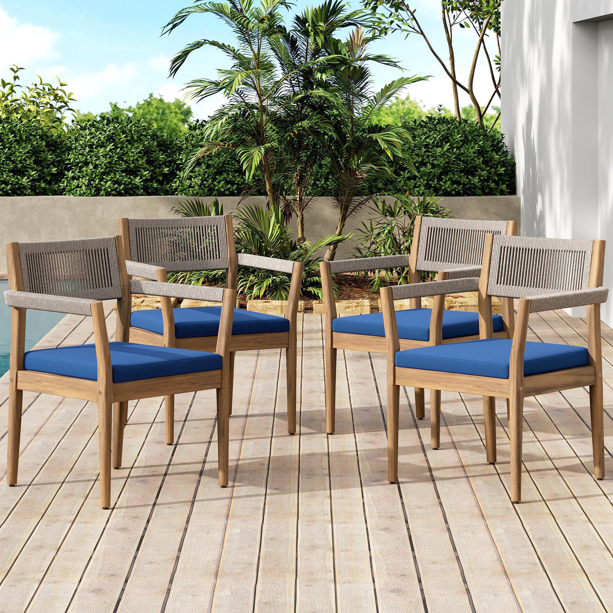Teak Finish Solid Wood Outdoor Dining Chair with Navy Cushions, Set of 4