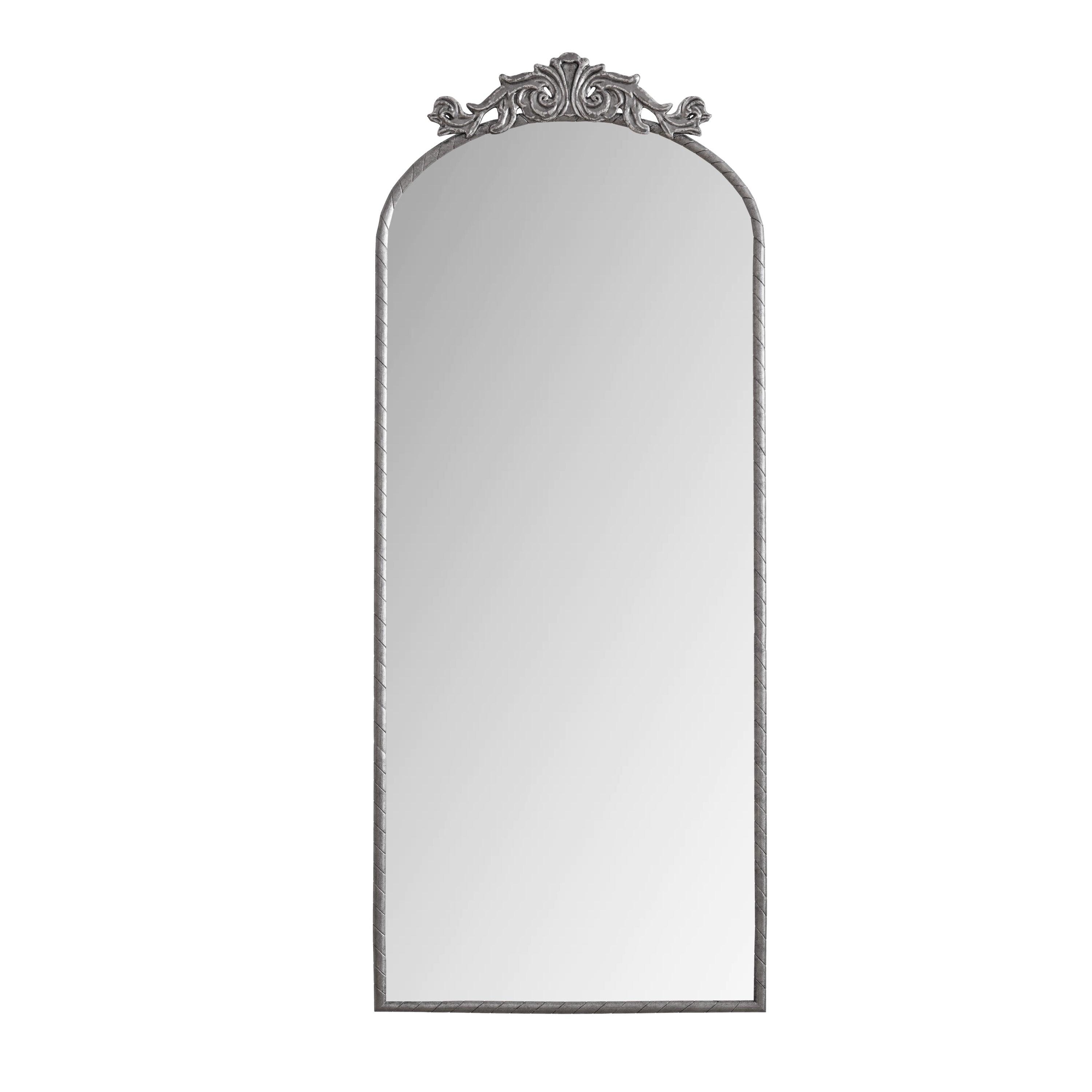 Antique Silver Arch Wall Mirror, 58 x 24 in, Carved Applique