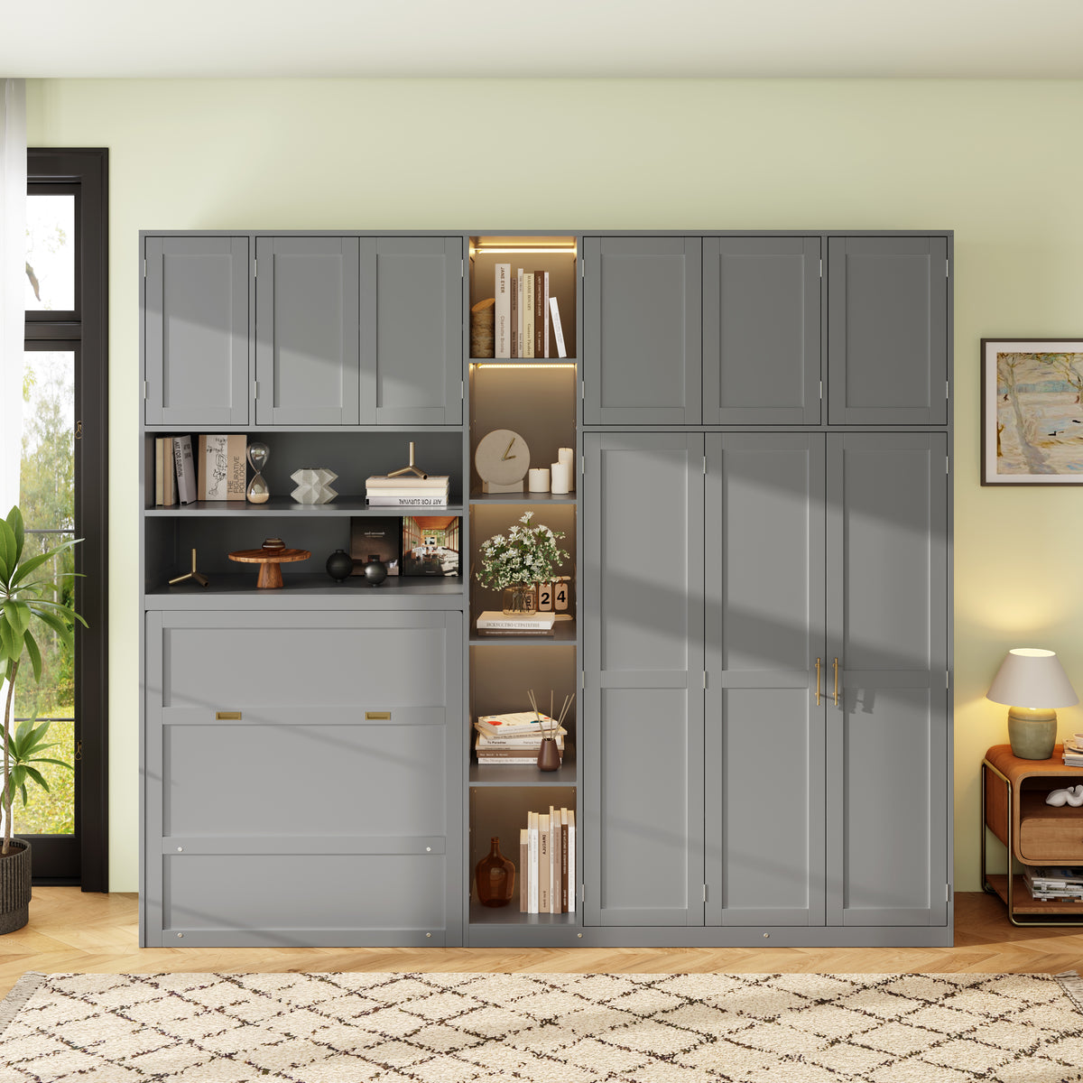 Twin Murphy Cabinet Bed with Wardrobe and LED Shelves, Gray