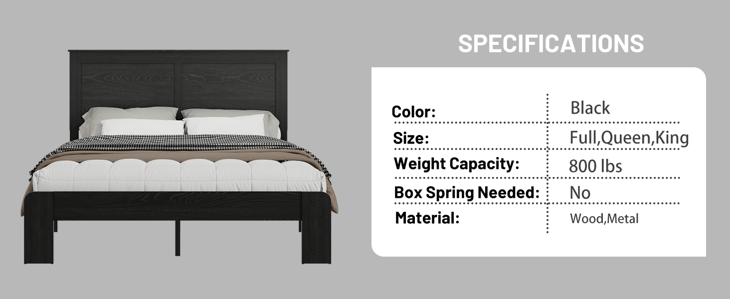 Antique black platform bed beside a specs panel: 800 lb capacity, no box spring, wood and metal build