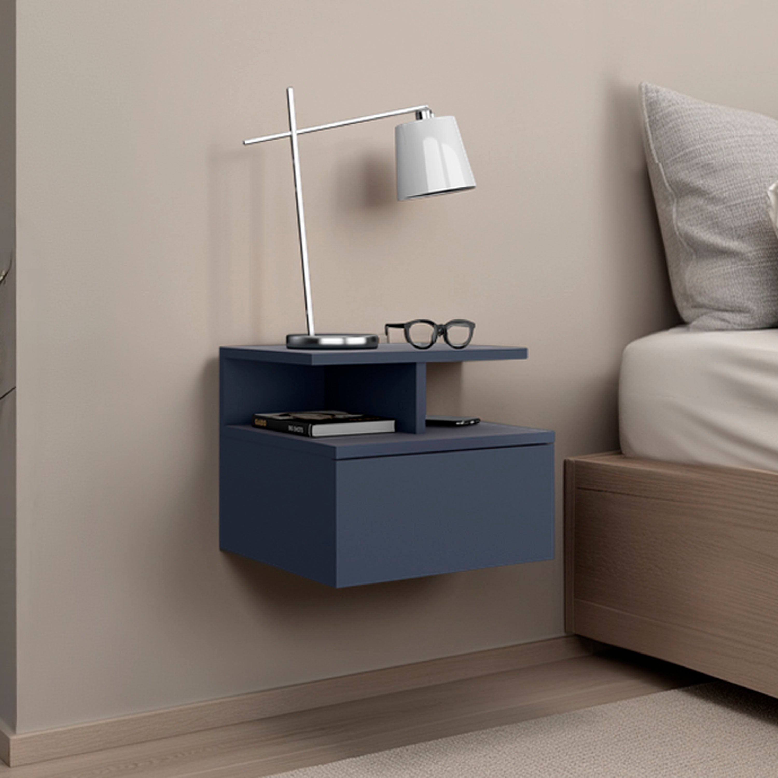 Small Floating Nightstand, Wall Mounted, Blue
