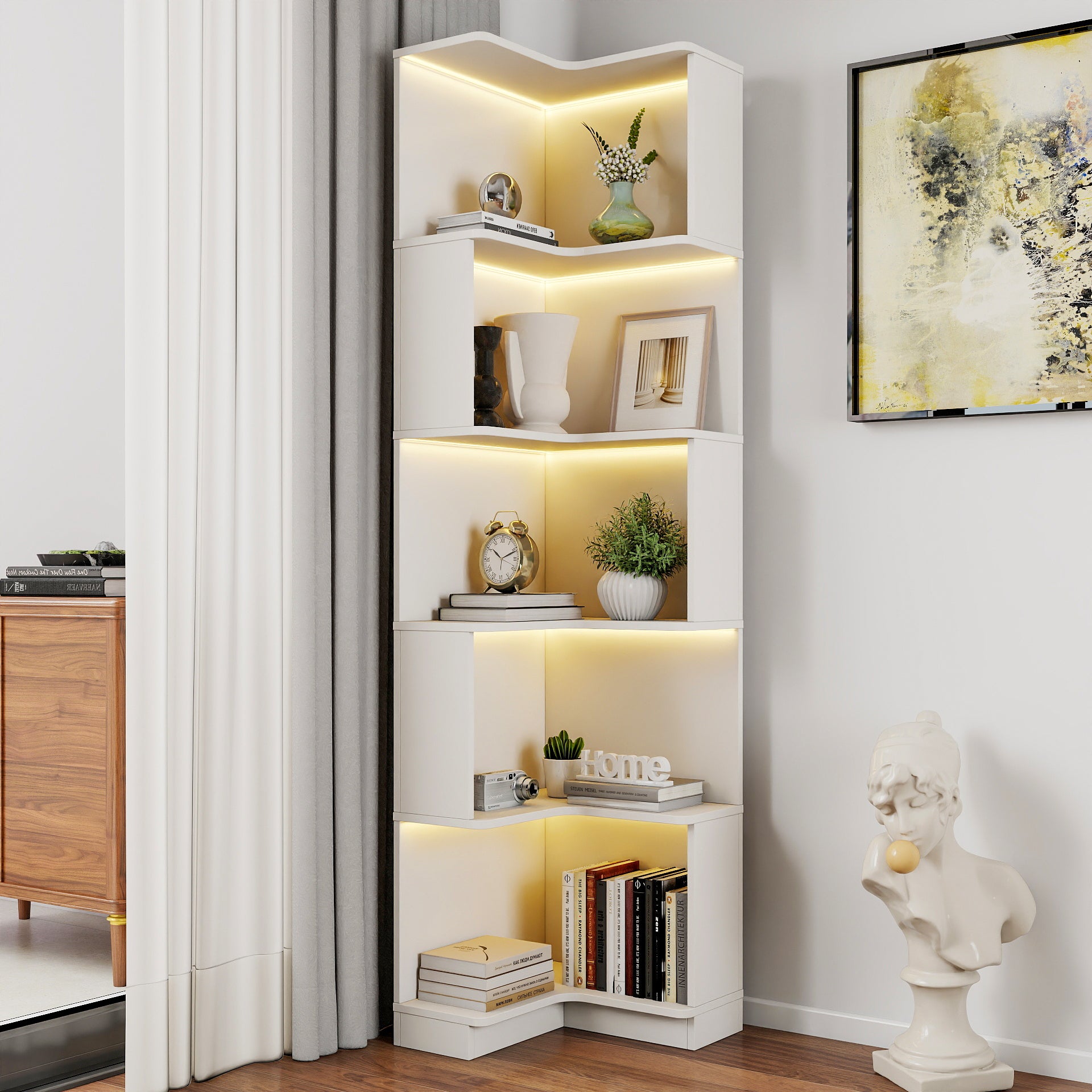 L-Shaped Bookcase with LED Lighting, 16.7 in, White