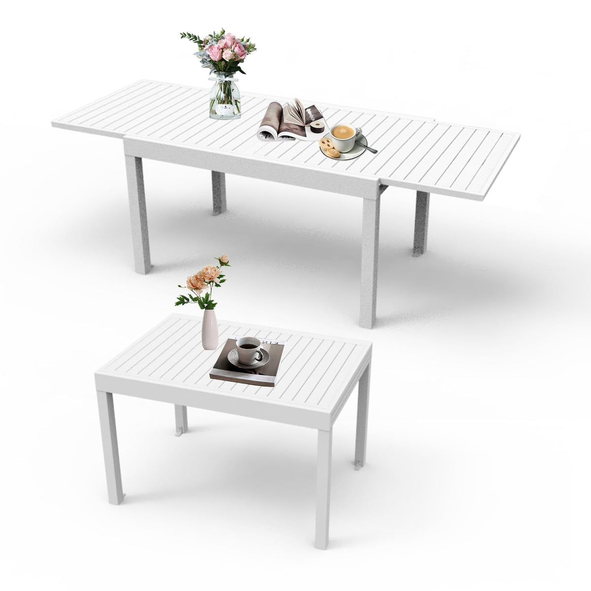 Ivory White Aluminum Outdoor Dining Table Extendable, 70.8 in Wide