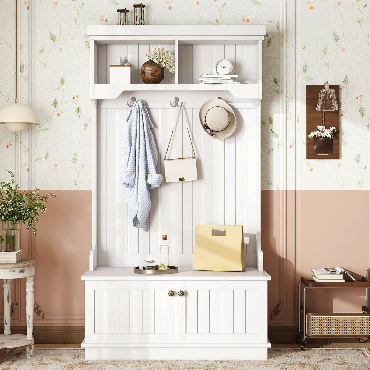 White Hall Tree with Bench and Shoe Storage, 35.4 in Wide