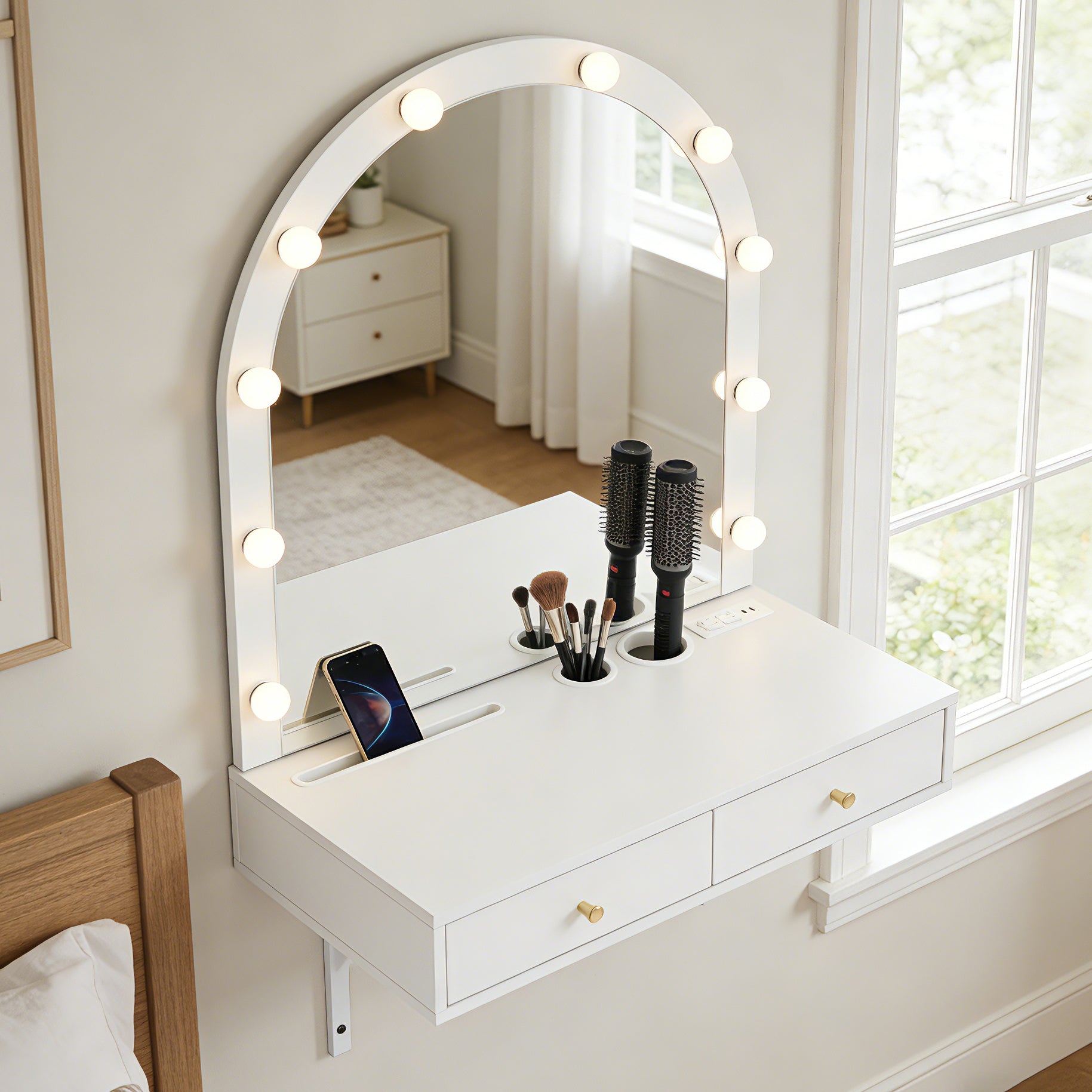 Floating Vanity Desk with Arched Lighted Mirror, White