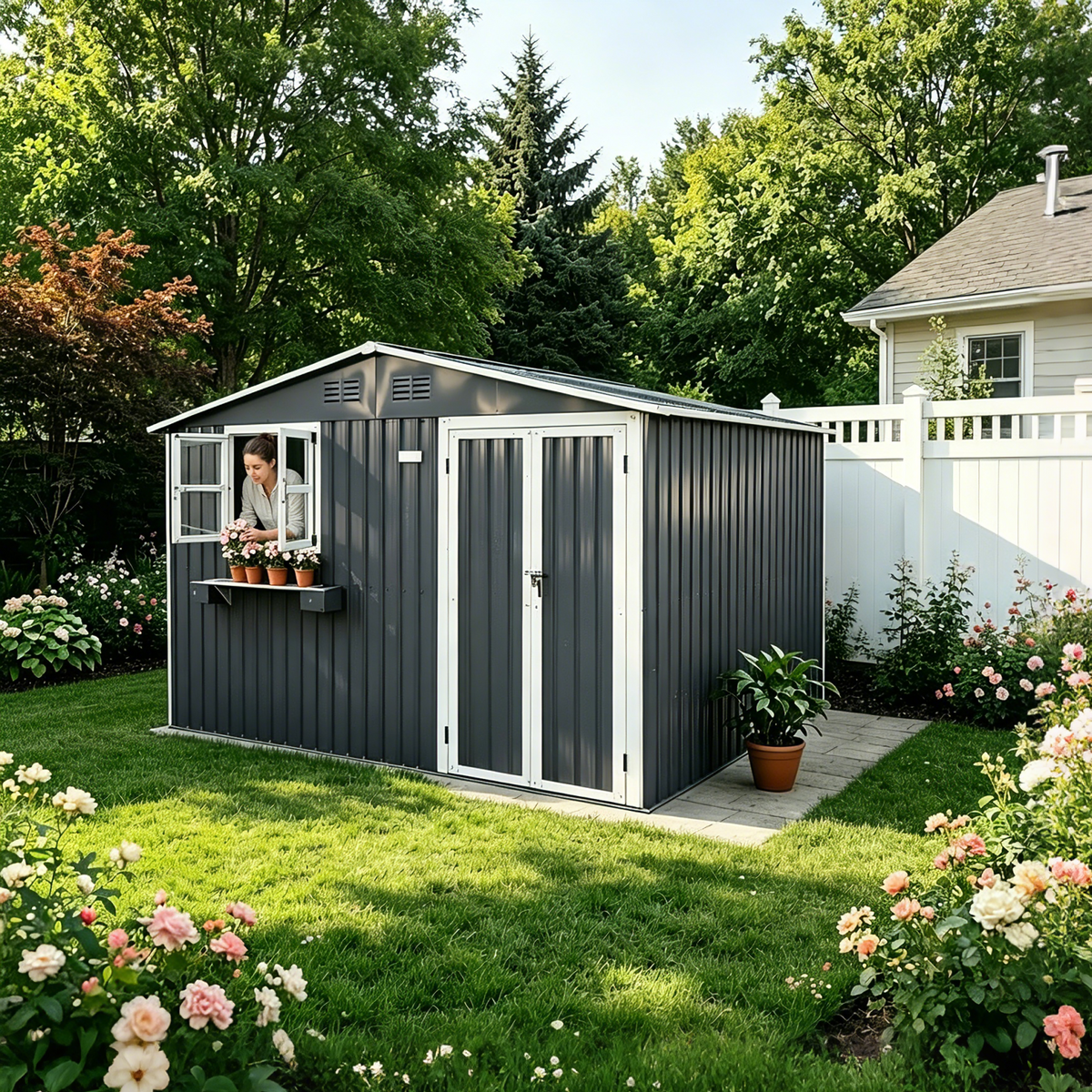 8x10 ft Gray Metal Storage Shed with Window