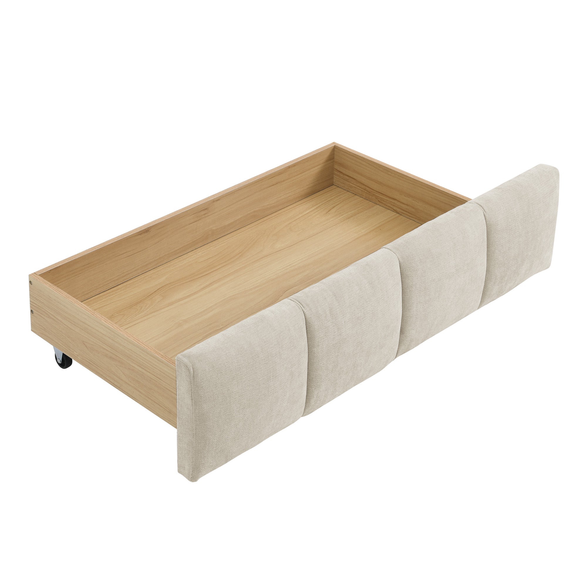 Three-quarter angled view of beige chenille king bed frame with wood slats