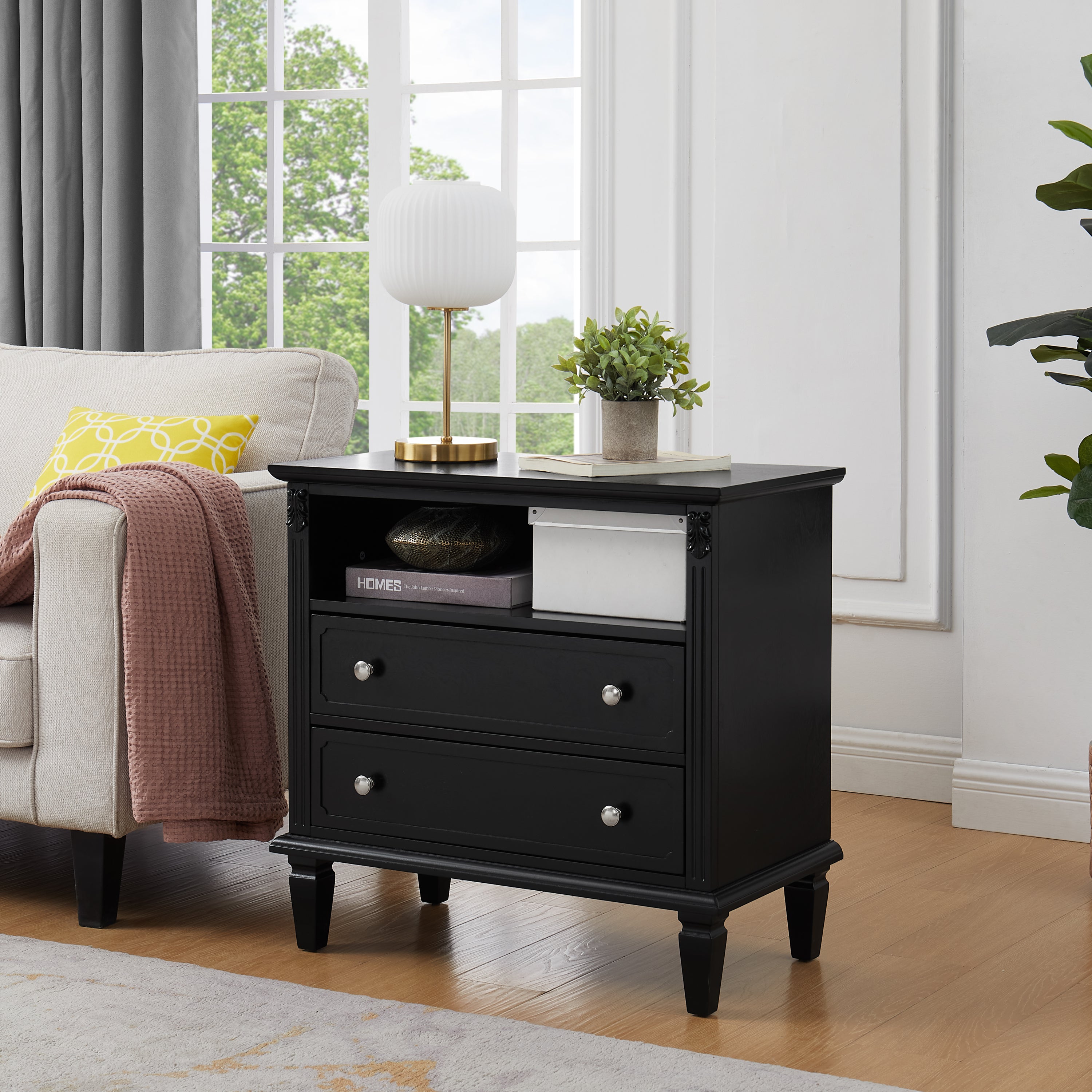 Fluted 2-Drawer Nightstand with USB Ports and Outlets, Black