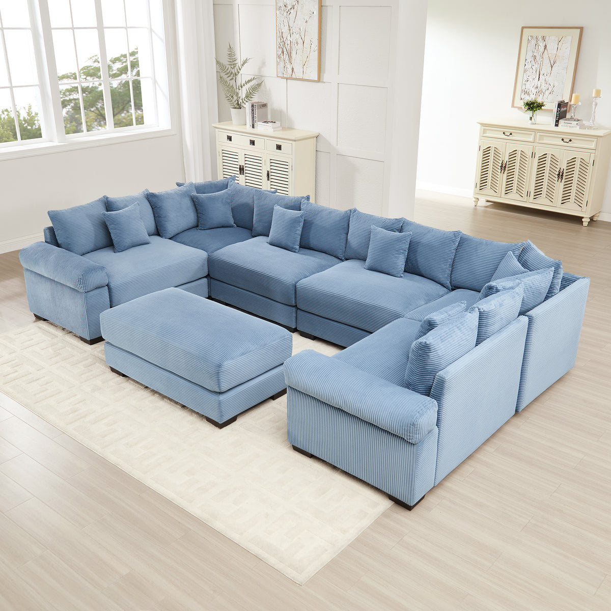 Blue Corduroy Modular Sectional with Ottoman