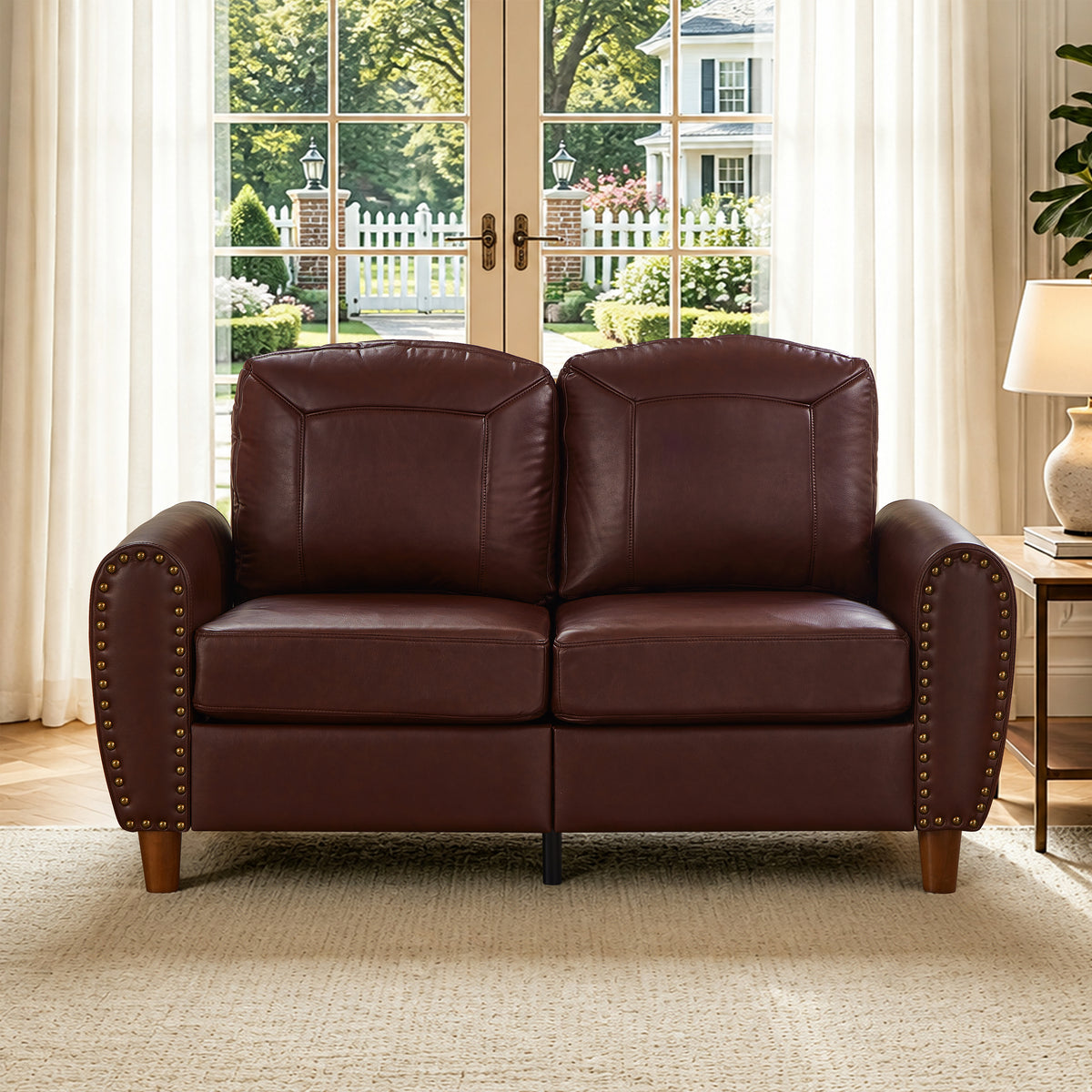 Burgundy Vegan Leather Couch, 59 in Wide
