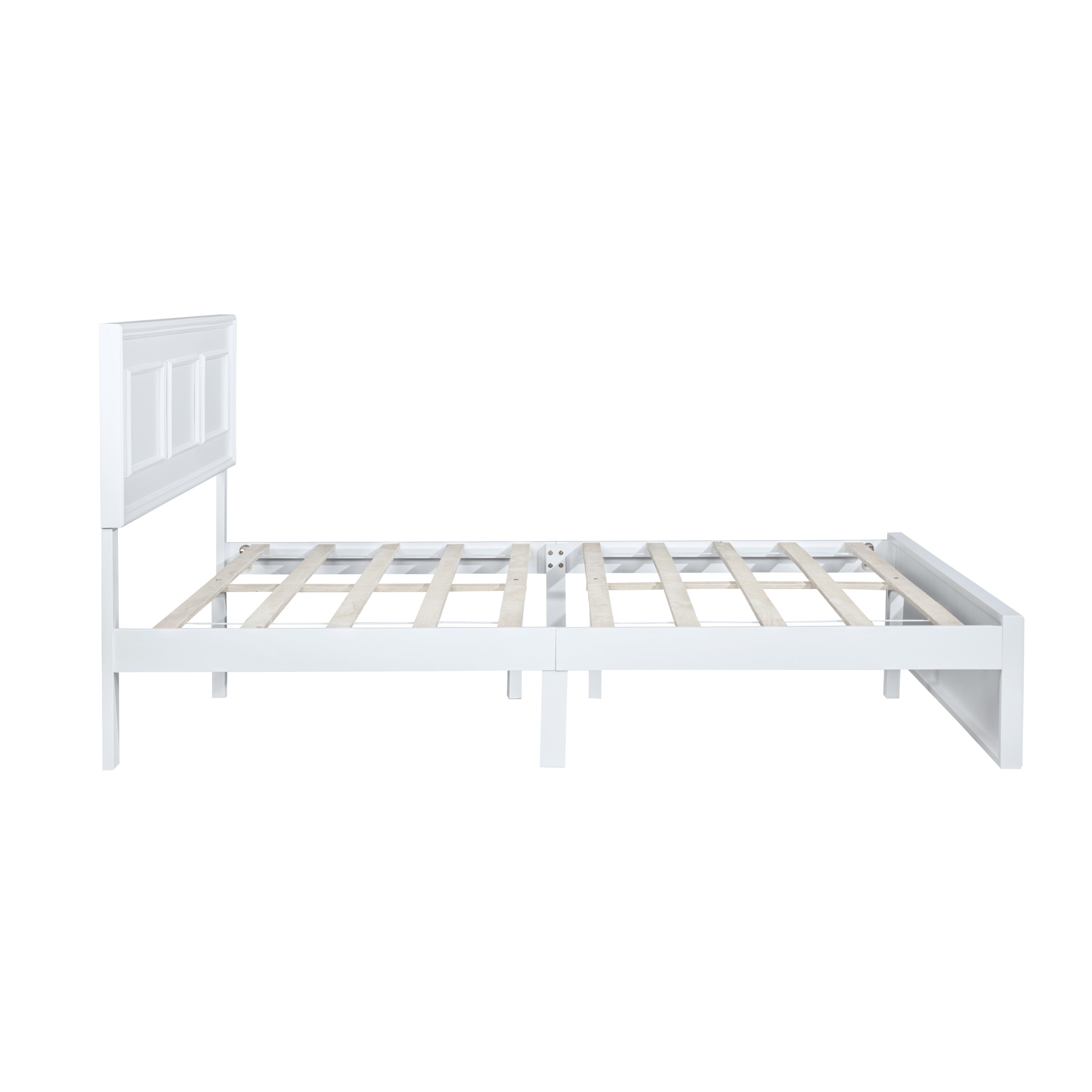 Side profile of a white queen bed with panel headboard over a wood slat base #Color_White