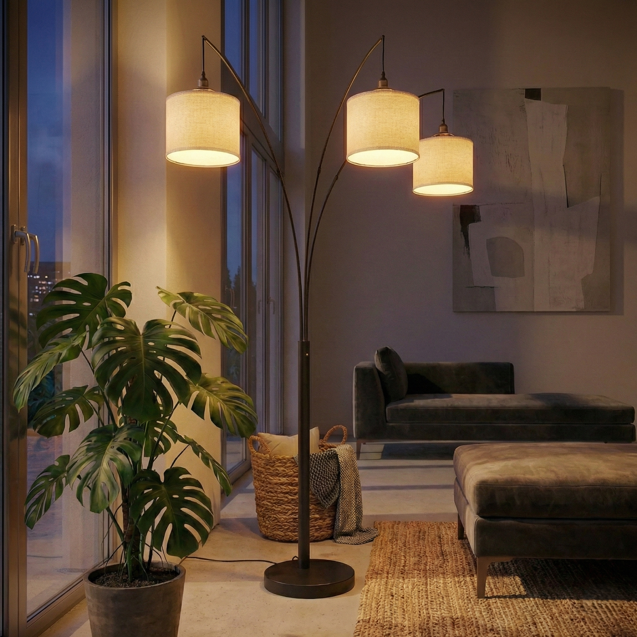 Floor Lamp, 3-Arm Metal Arc with Linen Shade, Oil-Rubbed Bronze