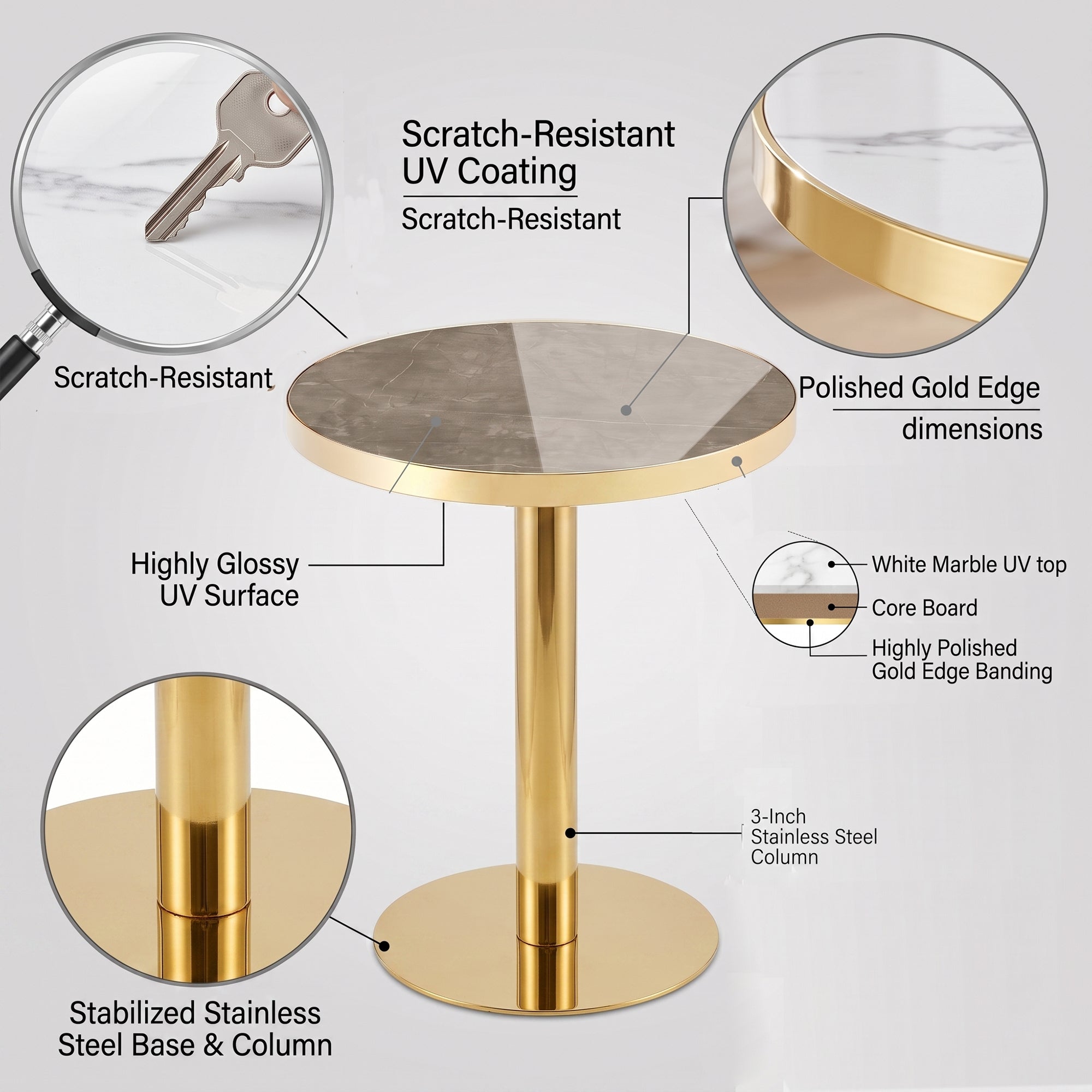 Feature graphic showing the scratch-resistant UV top layers and polished gold edge banding of the bistro table