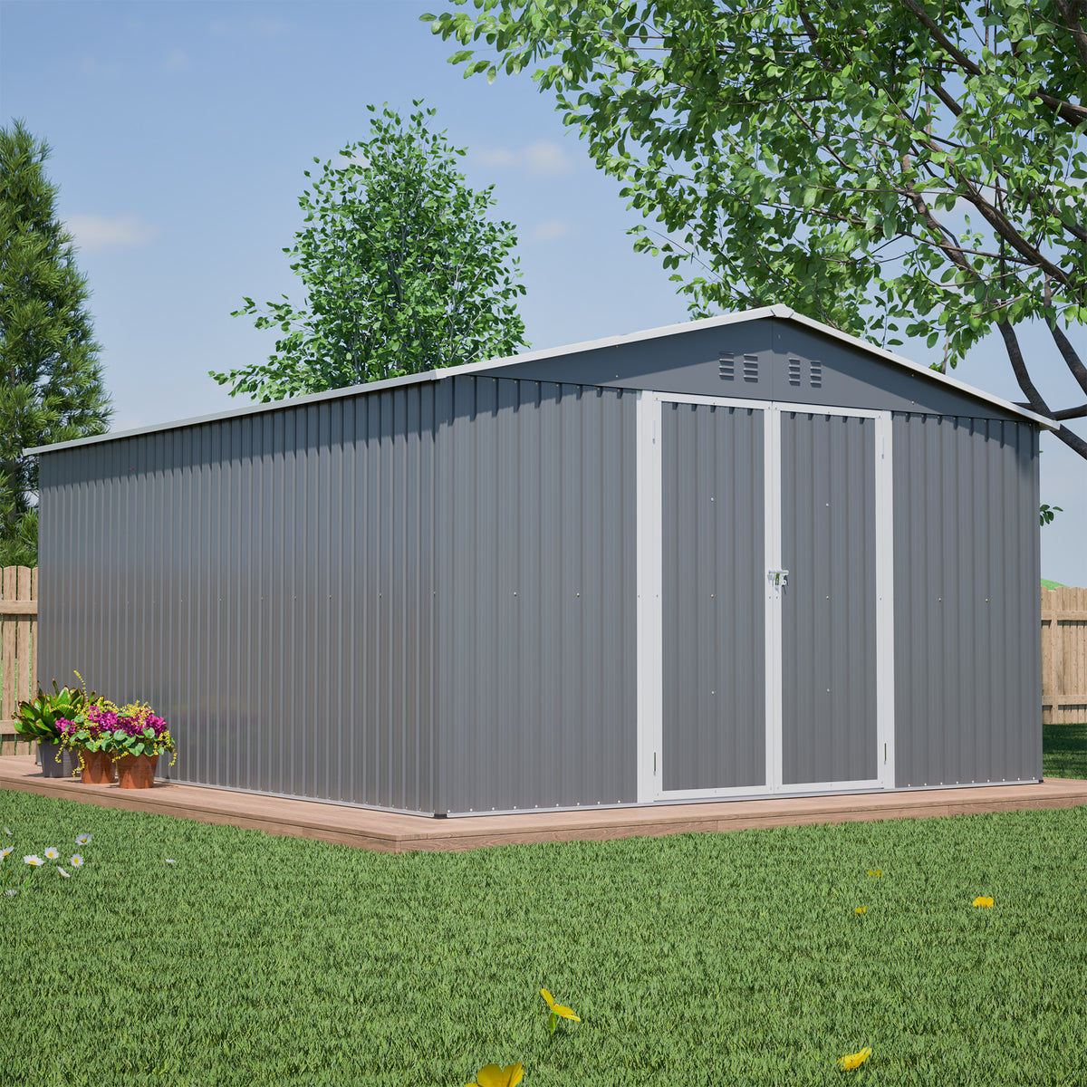 11x13 ft Gray Metal Storage Shed with Lockable Doors