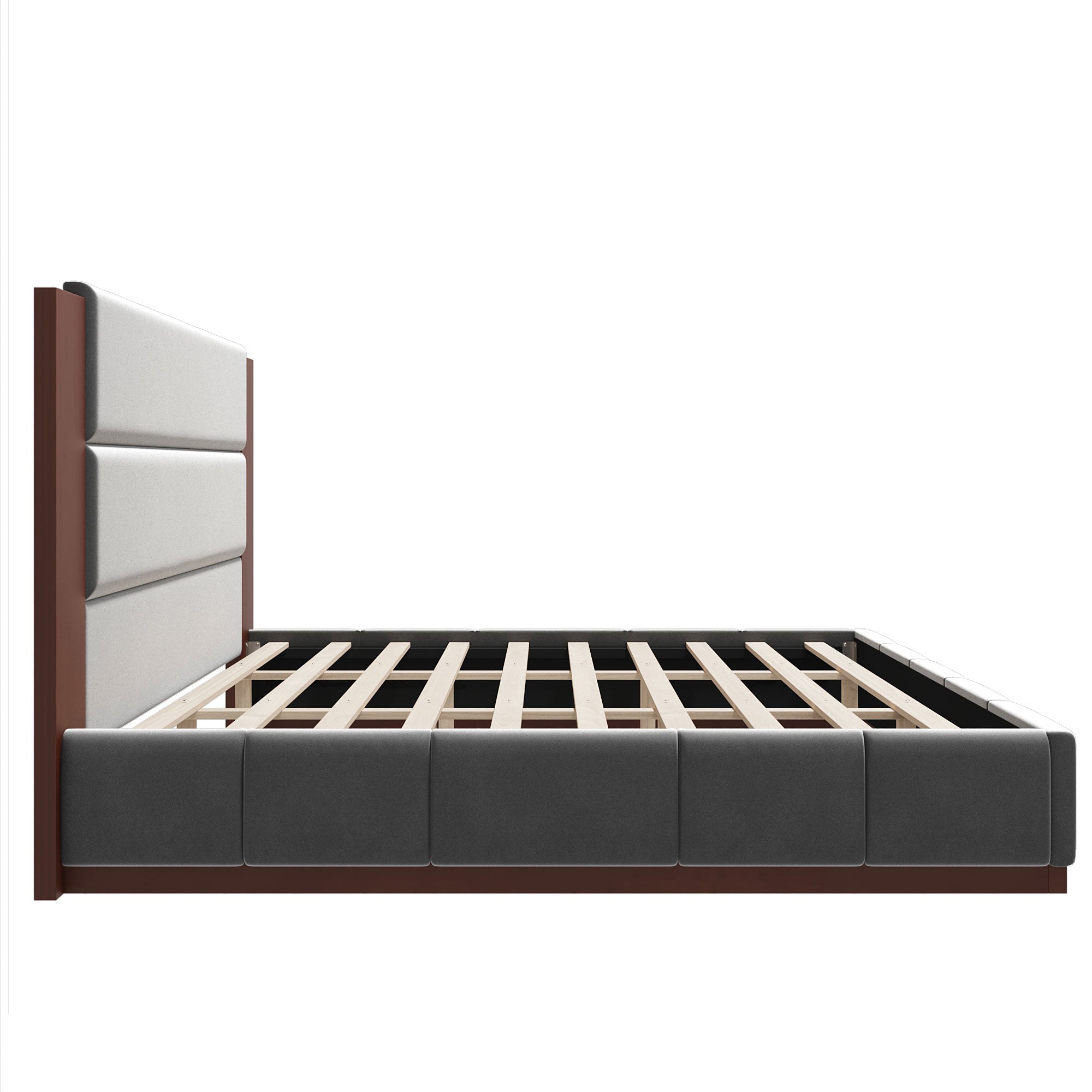Side profile of grey velvet wooden king bed frame showing slat support