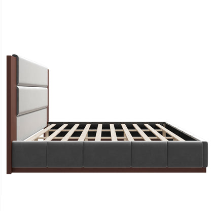 Side profile of grey velvet wooden king bed frame showing slat support