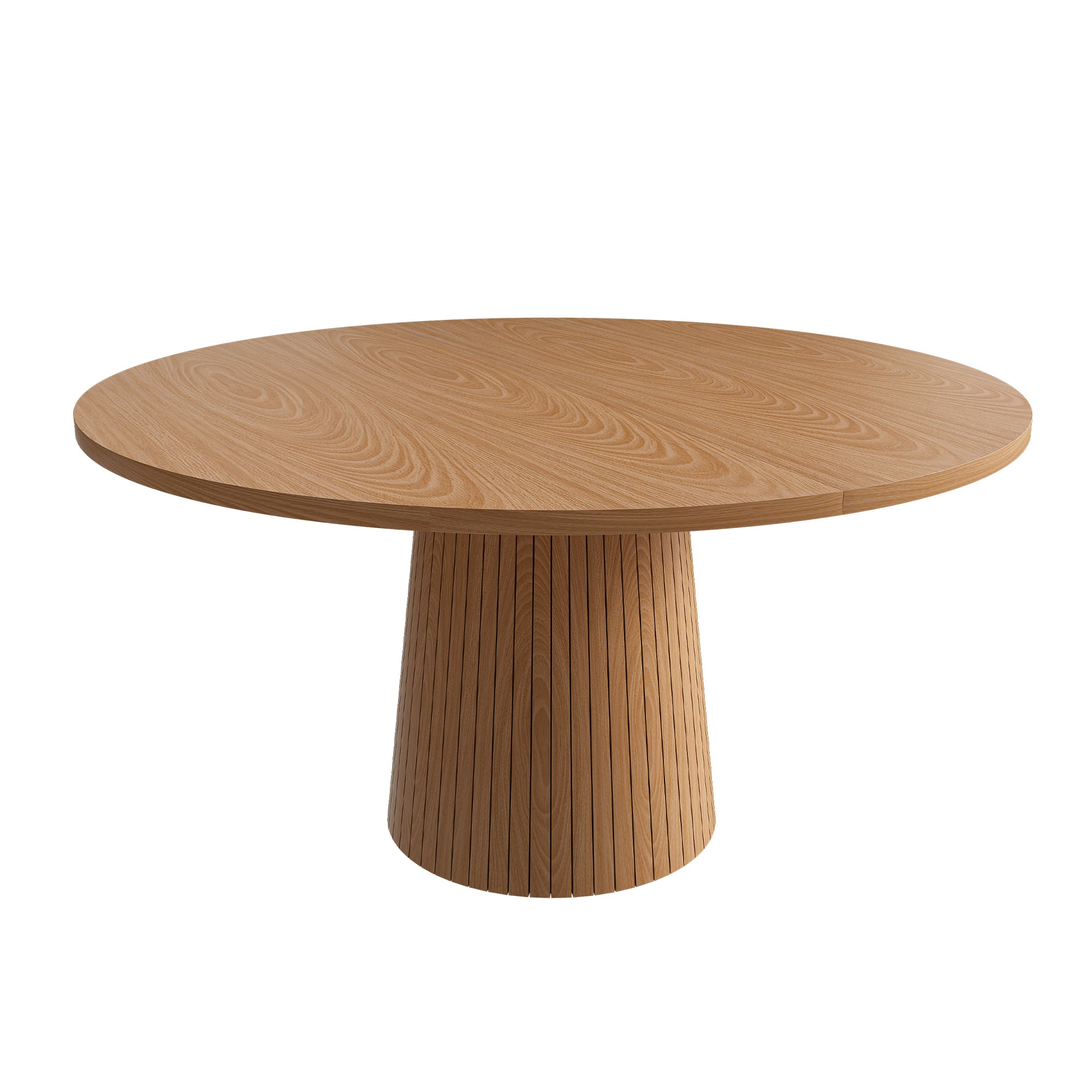 Oak round farmhouse dining table with slatted conical pedestal on a plain white studio background, three-quarter view