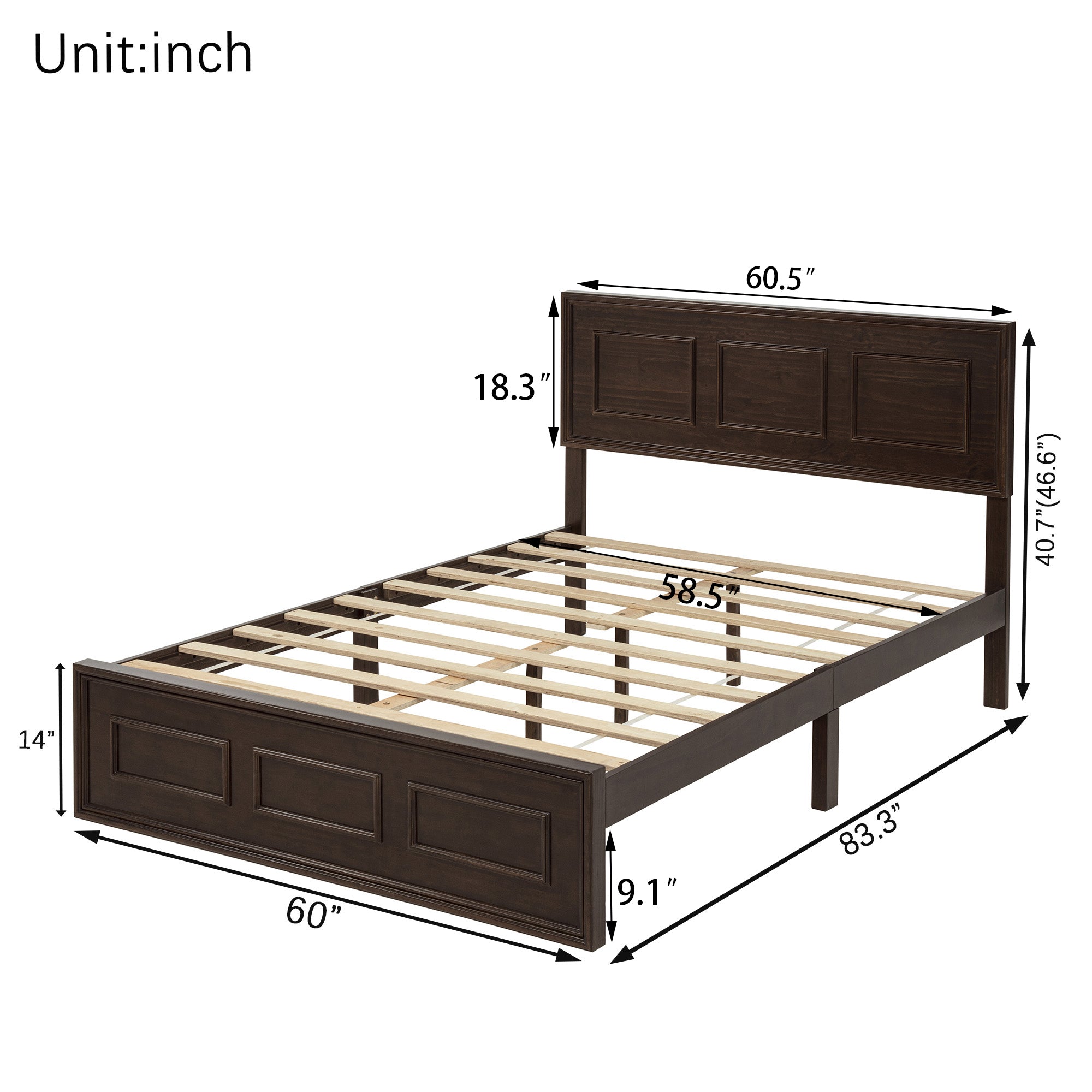 Dimension diagram of the rich brown queen bed with slats and 40.7 to 46.6 inch headboard #Color_Rich Brown