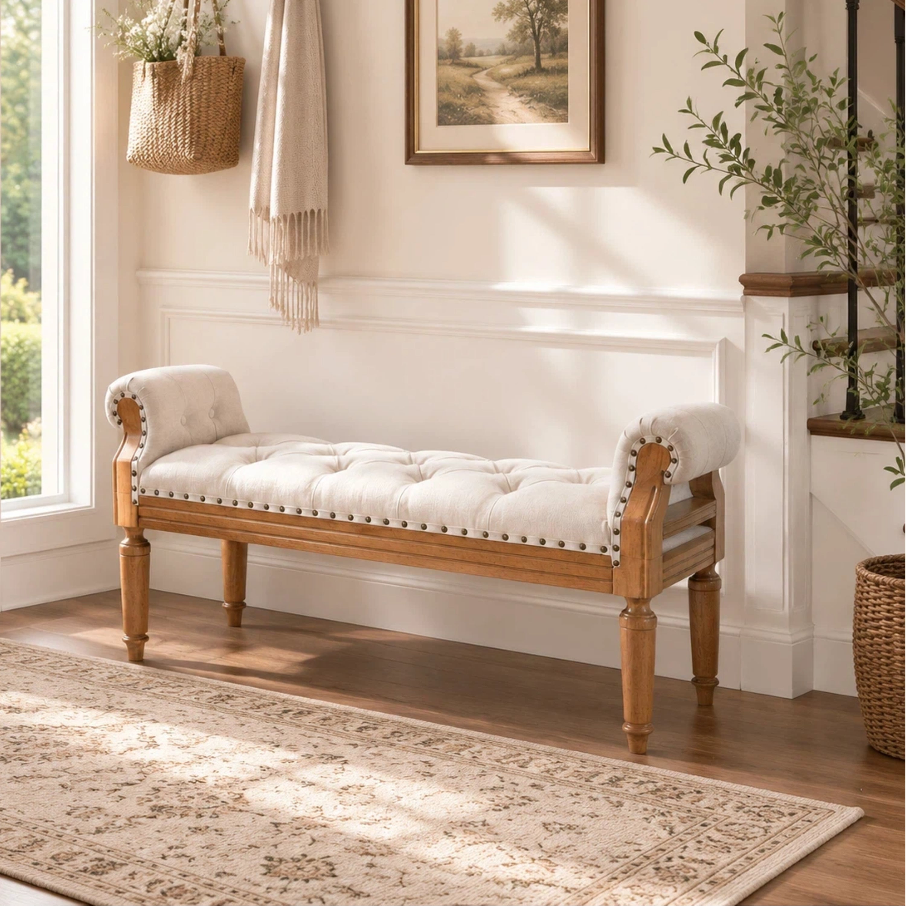 Mid-Century Bench, Beige Tufted Linen End of Bed Bench with Arms