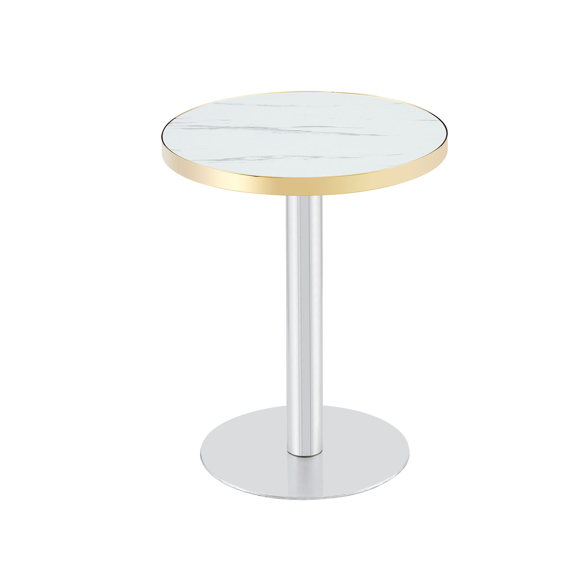 White faux marble bistro table with gold trim and chrome pedestal base on a white background