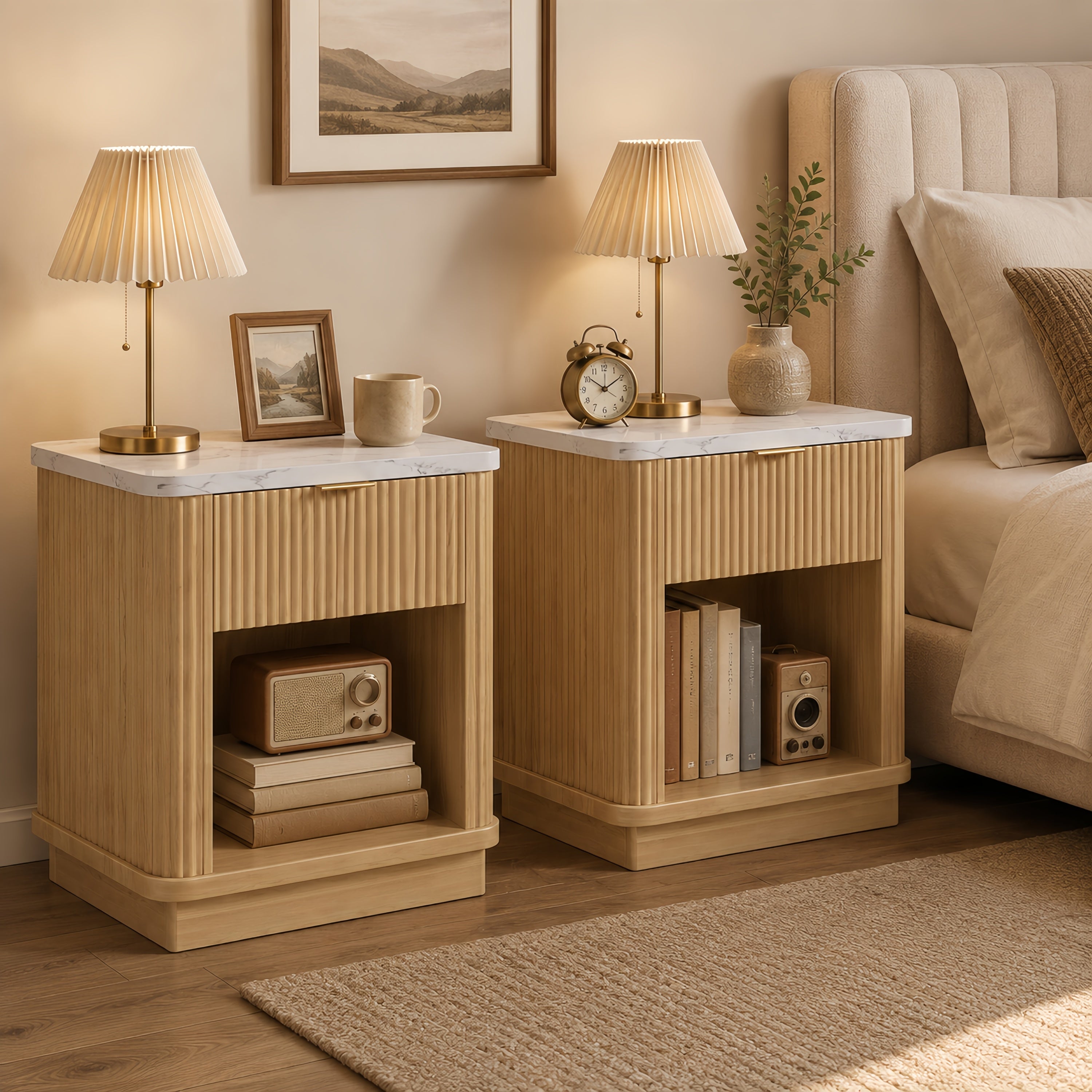 Fluted Nightstand Set of 2 with Open Shelf, Natural