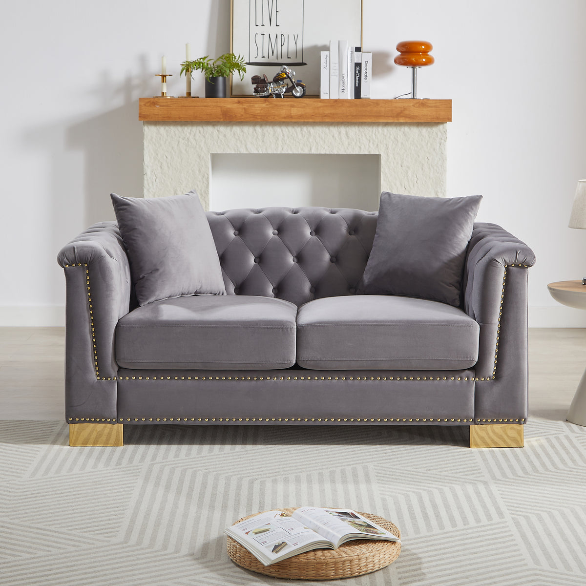 Gray Velvet 2-Seat Chesterfield Sofa, 62 in Wide