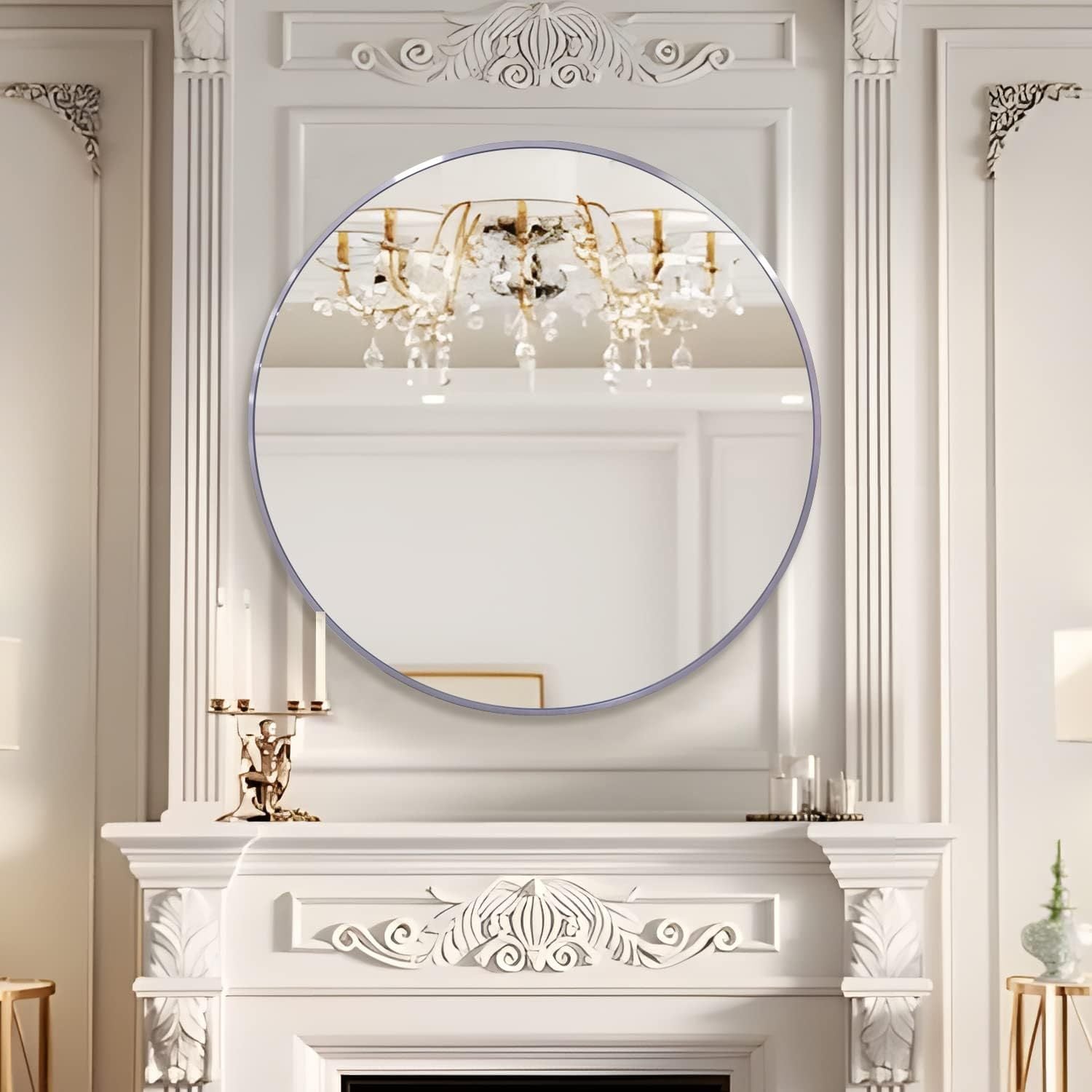 39 Inch Round Wall Mirror, Silver Aluminum Frame
