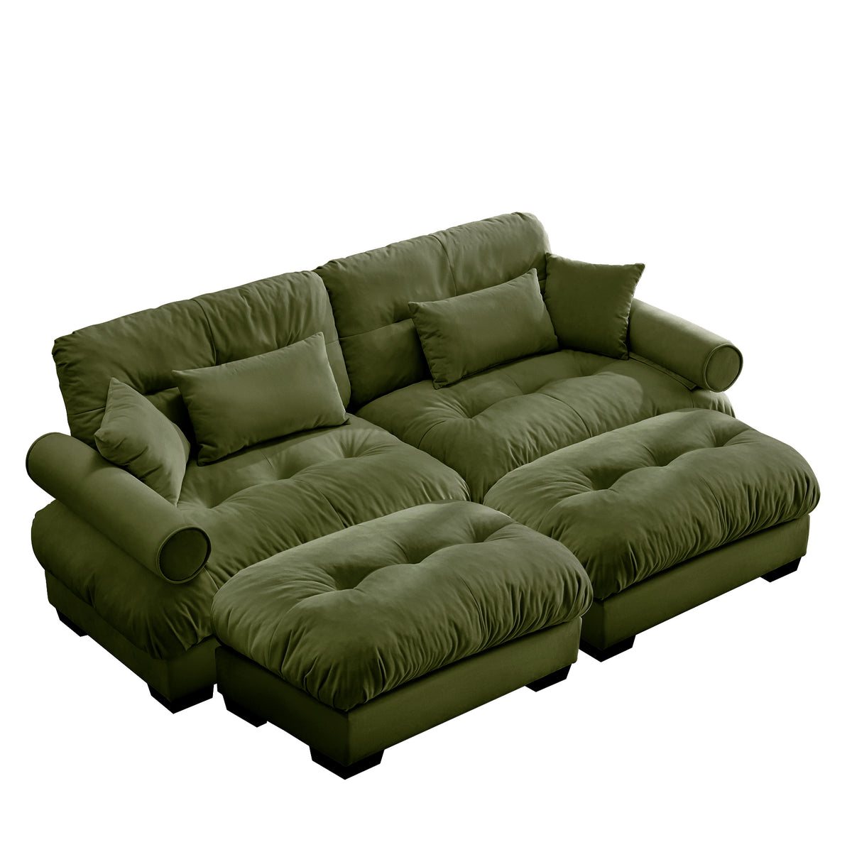 Olive Green Velvet 2-Seat Couch with 2 Ottomans