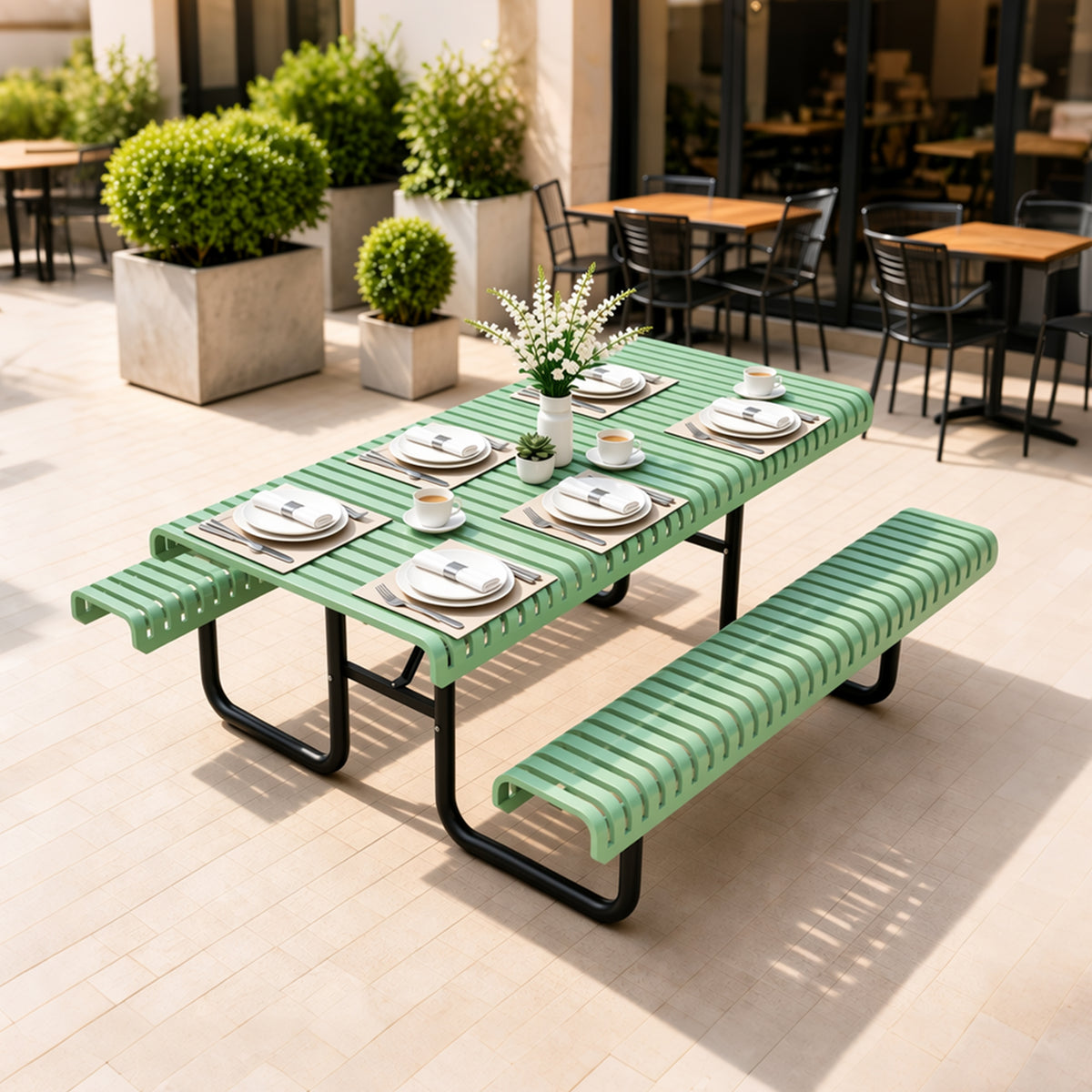 Green Metal Outdoor Dining Table with Umbrella Hole