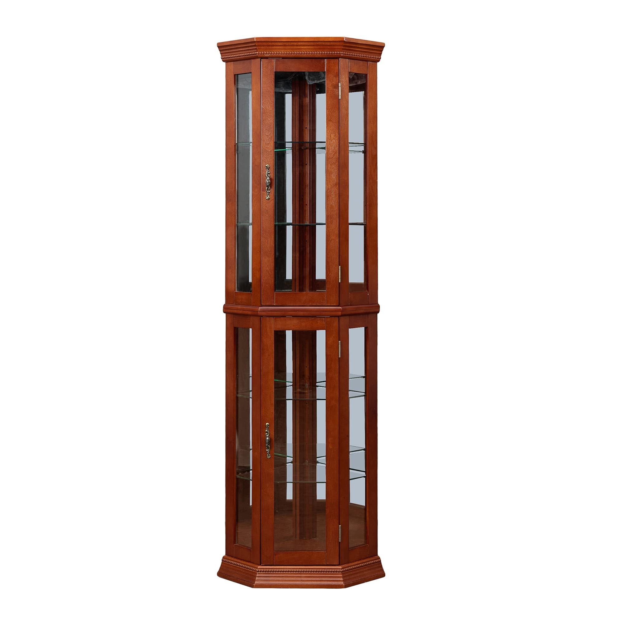 Lighted Corner Curio Cabinet, Light Walnut, Glass Doors & Mirror Back