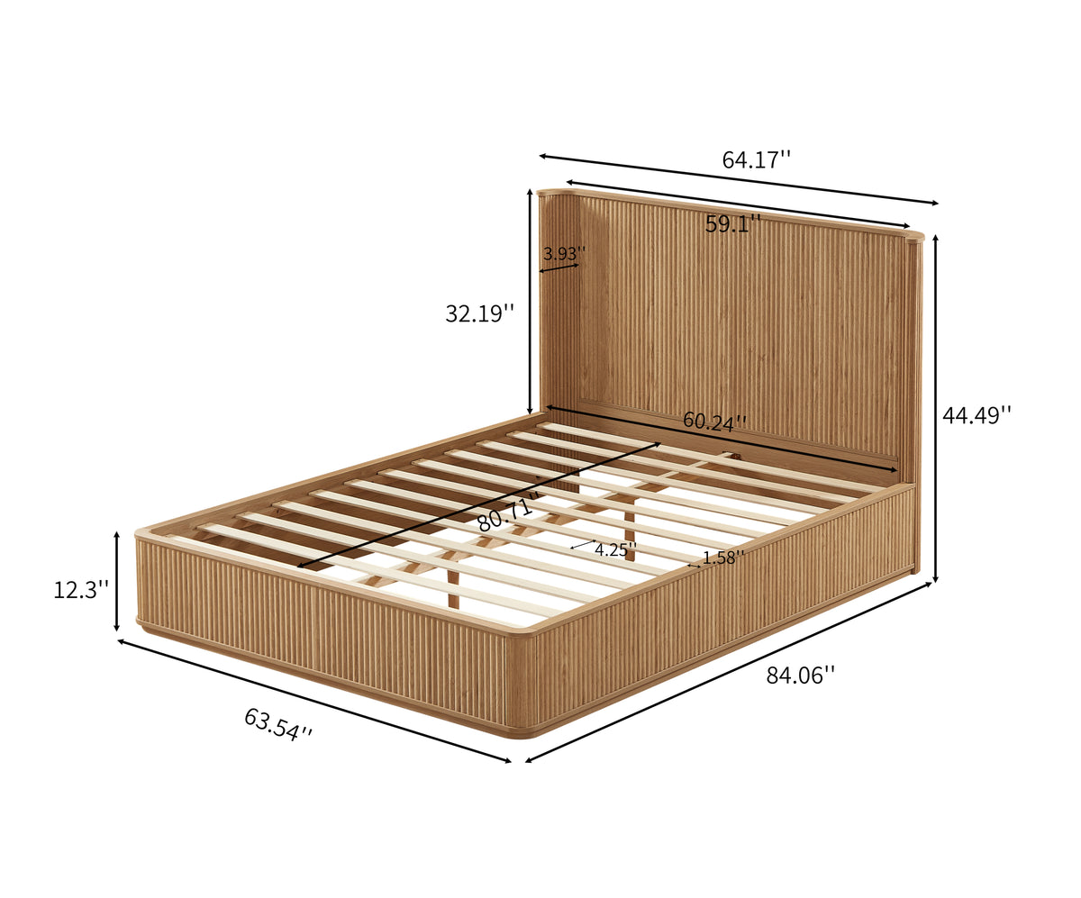 Dimensions diagram of the natural oak fluted queen platform bed with measurements in inches
