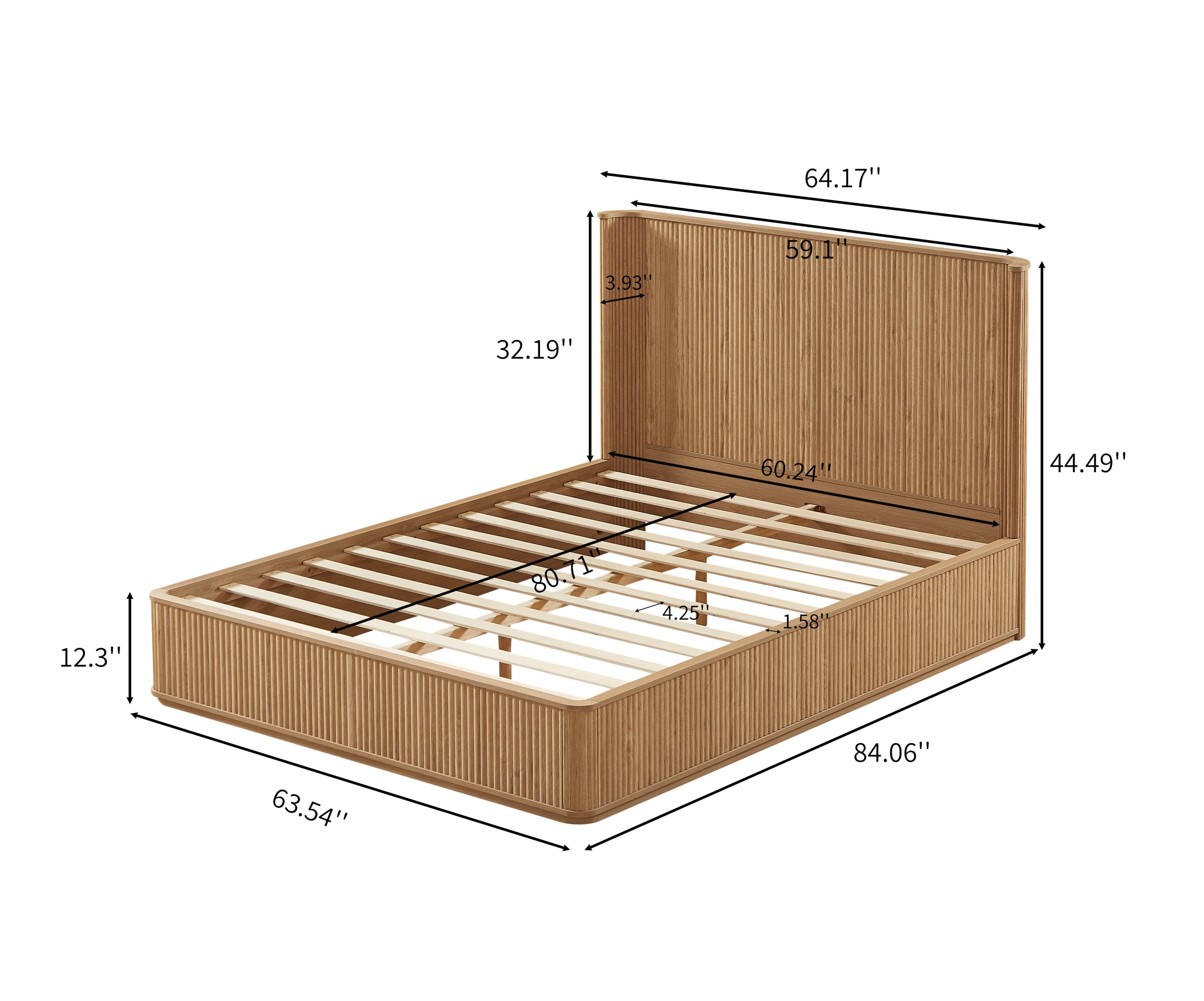Dimensions diagram of the natural oak fluted queen platform bed with measurements in inches #Color_Natural Oak