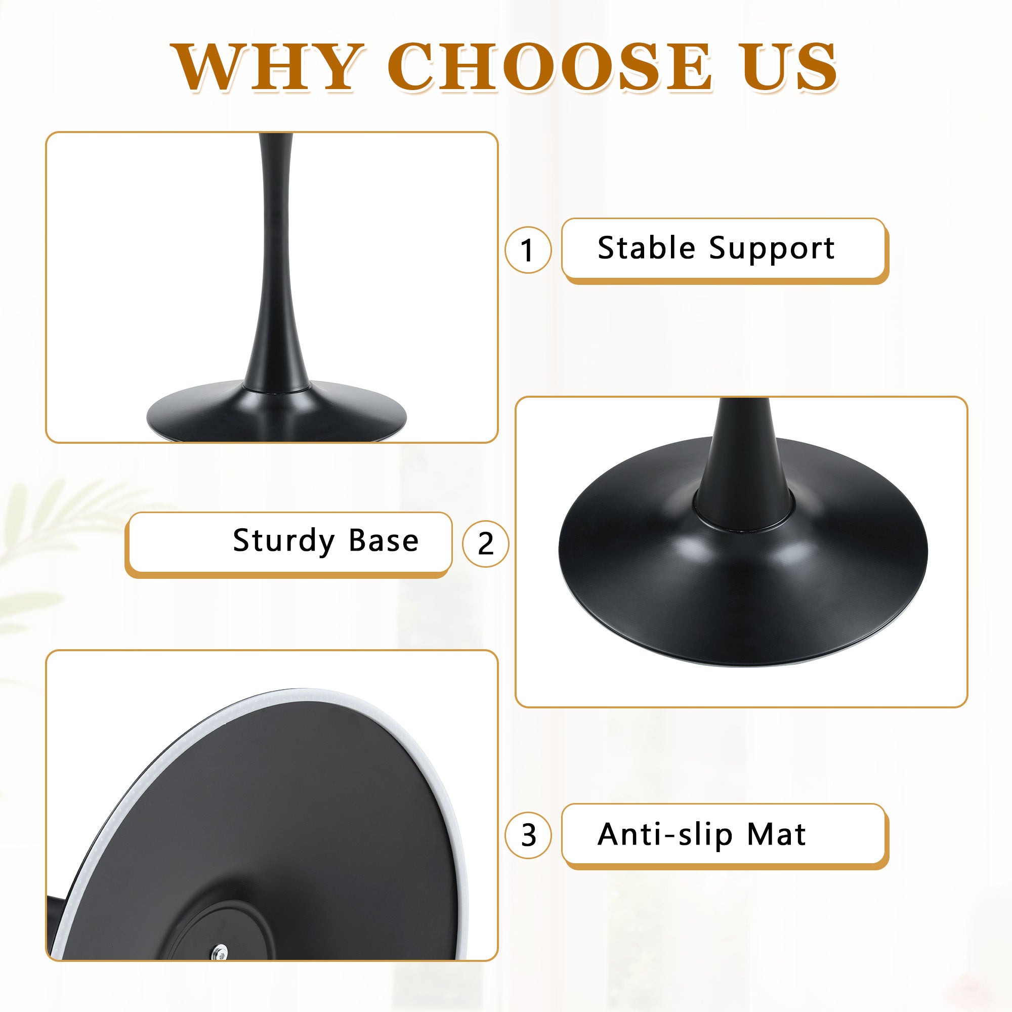 Feature graphic titled why choose us with base close-ups for stable support, sturdy base and anti-slip mat