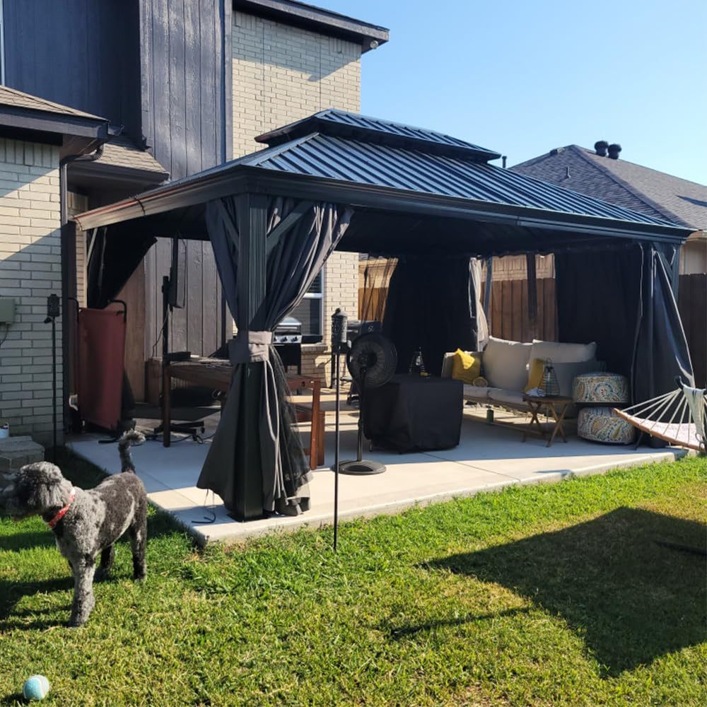 12x16 ft Gray Aluminum Double Roof Hardtop Gazebo with Netting and Curtains