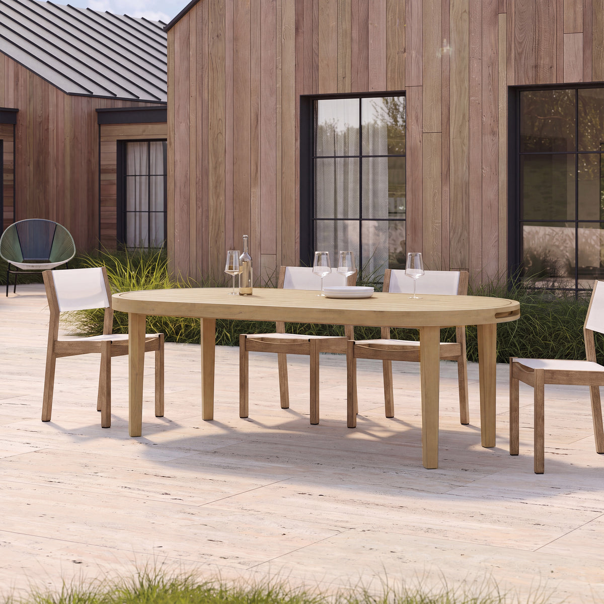 Light Teak Finish Solid Wood Oval Outdoor Dining Table, 70.1 in Wide
