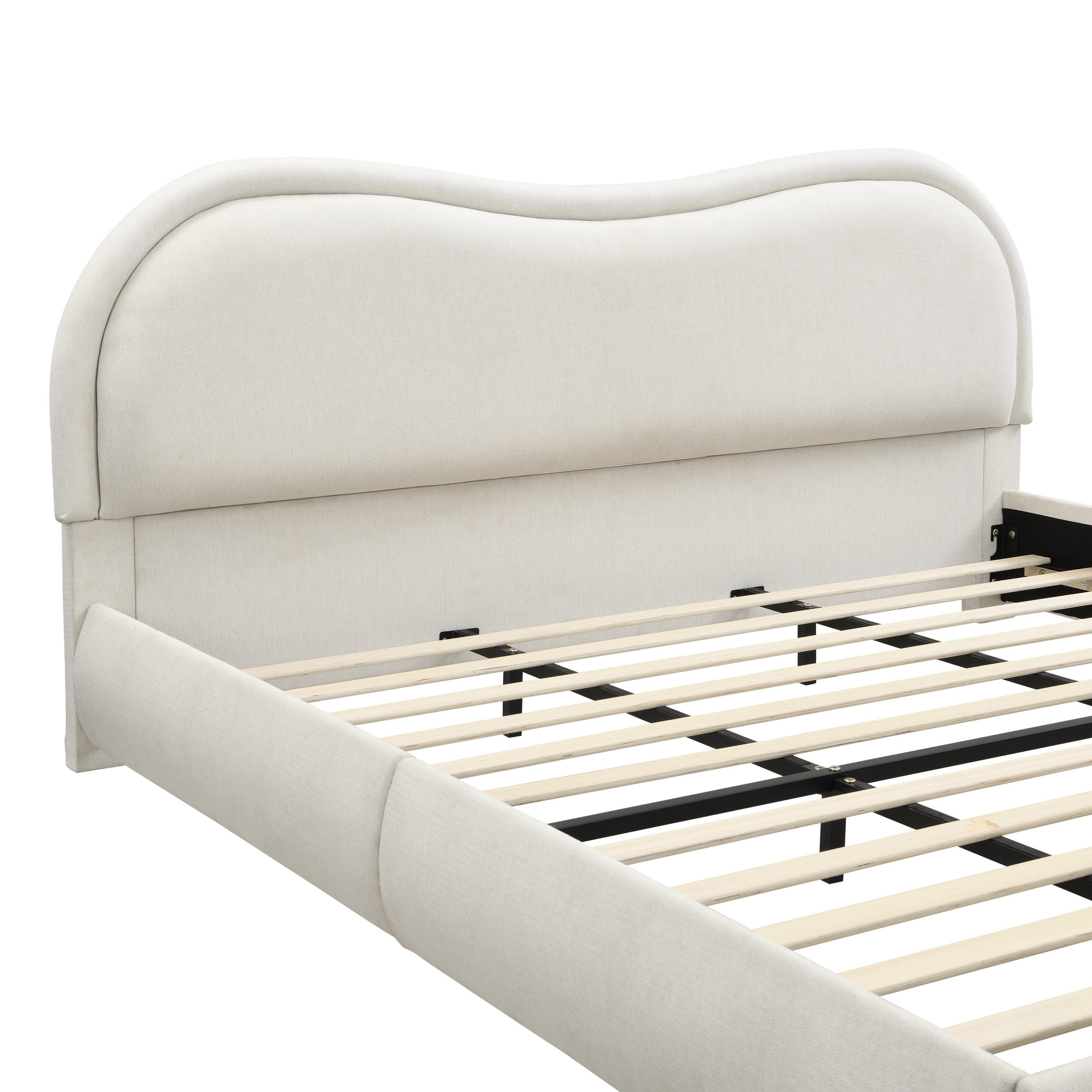 Beige chenille king bed frame, three-quarter rear angle showing headboard back