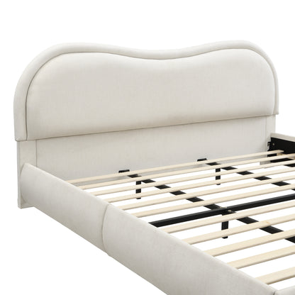 Beige chenille king bed frame, three-quarter rear angle showing headboard back