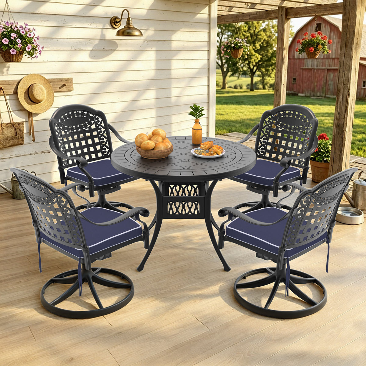 Black Aluminum 5-Piece Patio Dining Set for 4 with Cushions, Swivel, Round