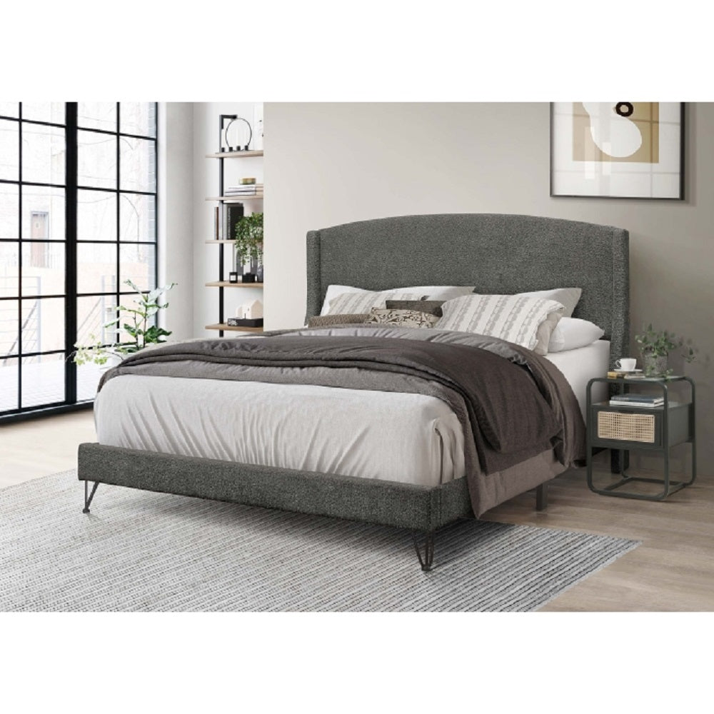 King Boucle Bed with Wingback Headboard, Dark Gray
