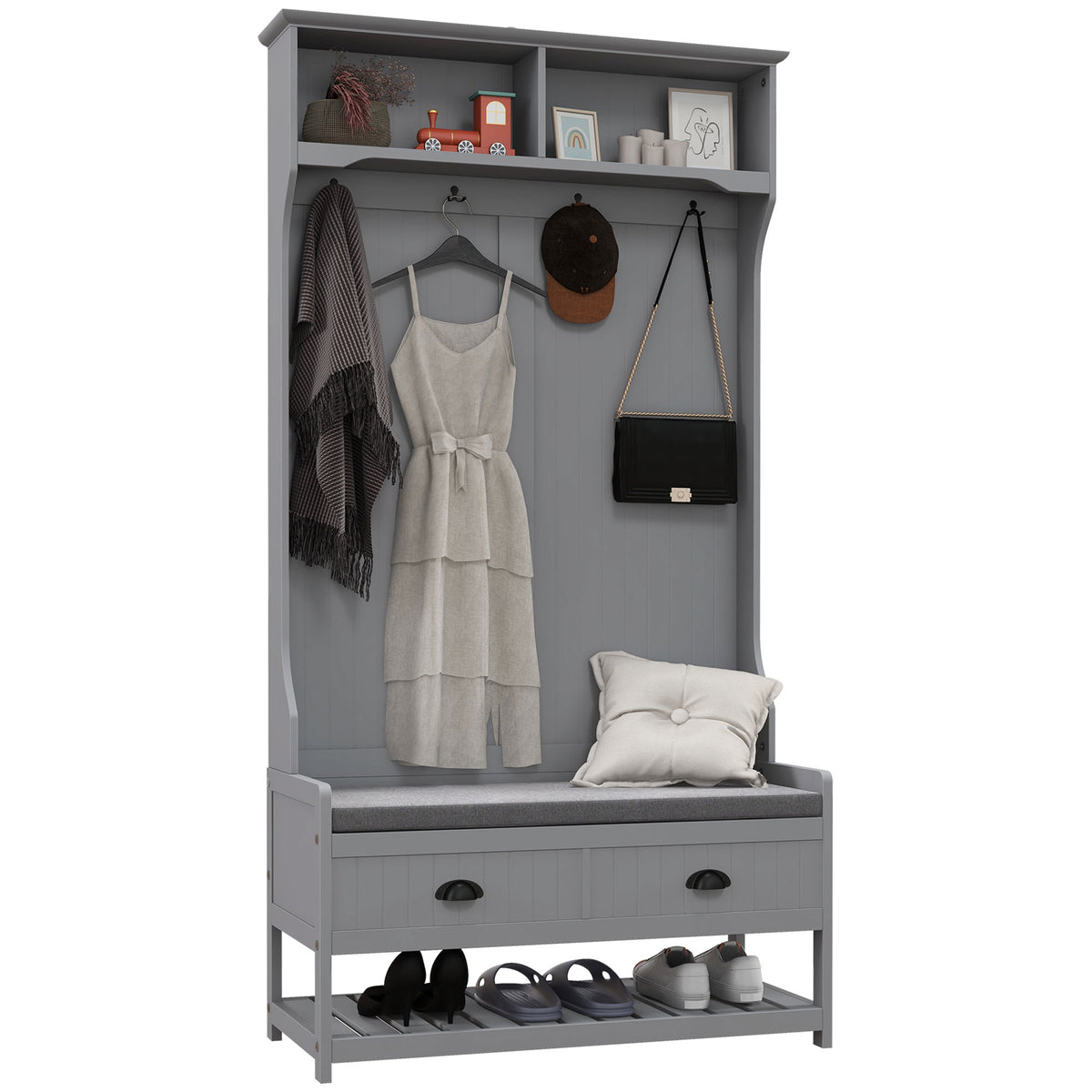 Gray Hall Tree with Bench and Shoe Storage, 35 in Wide