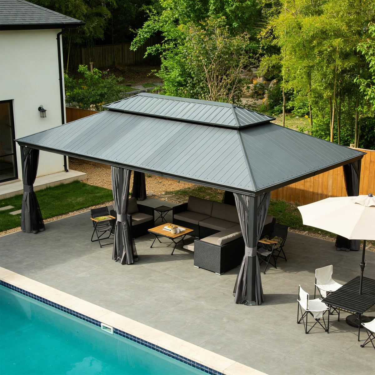 14x20 ft Dark Gray Metal Hardtop Gazebo with Netting and Curtains