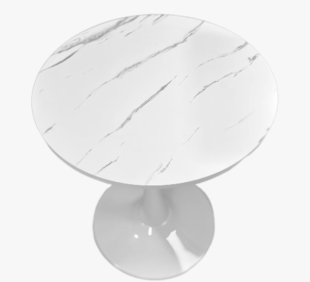 White marble round tabletop and white pedestal base on a plain background, overhead angled view