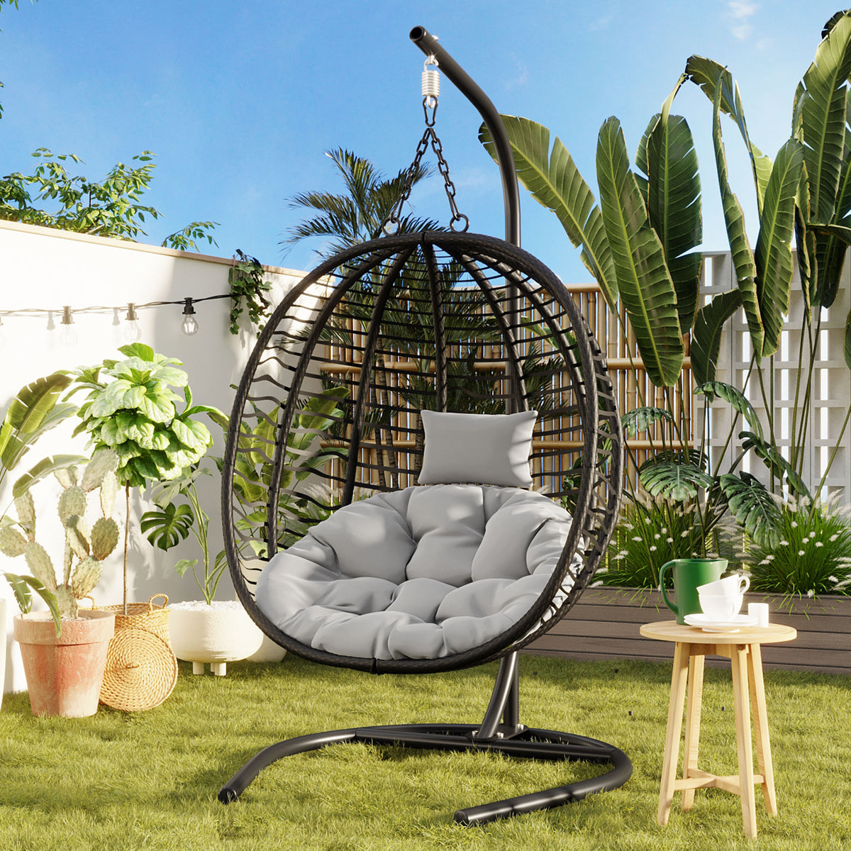 Wicker Folding Hanging Egg Chair with Stand