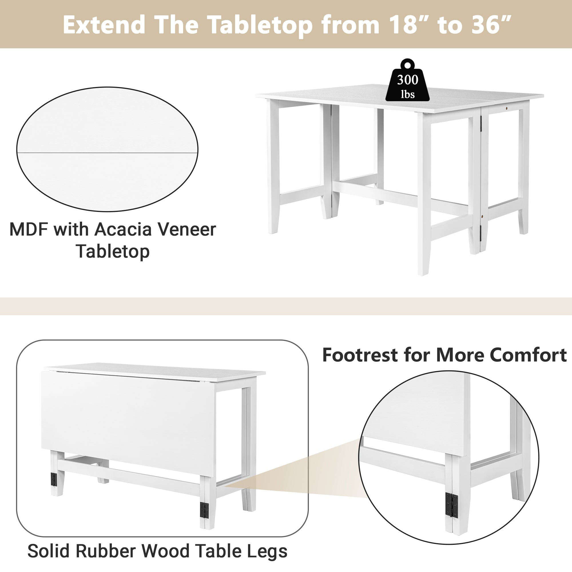 Feature graphic showing the table extending from 18 to 36 inches with MDF acacia veneer top and rubberwood legs