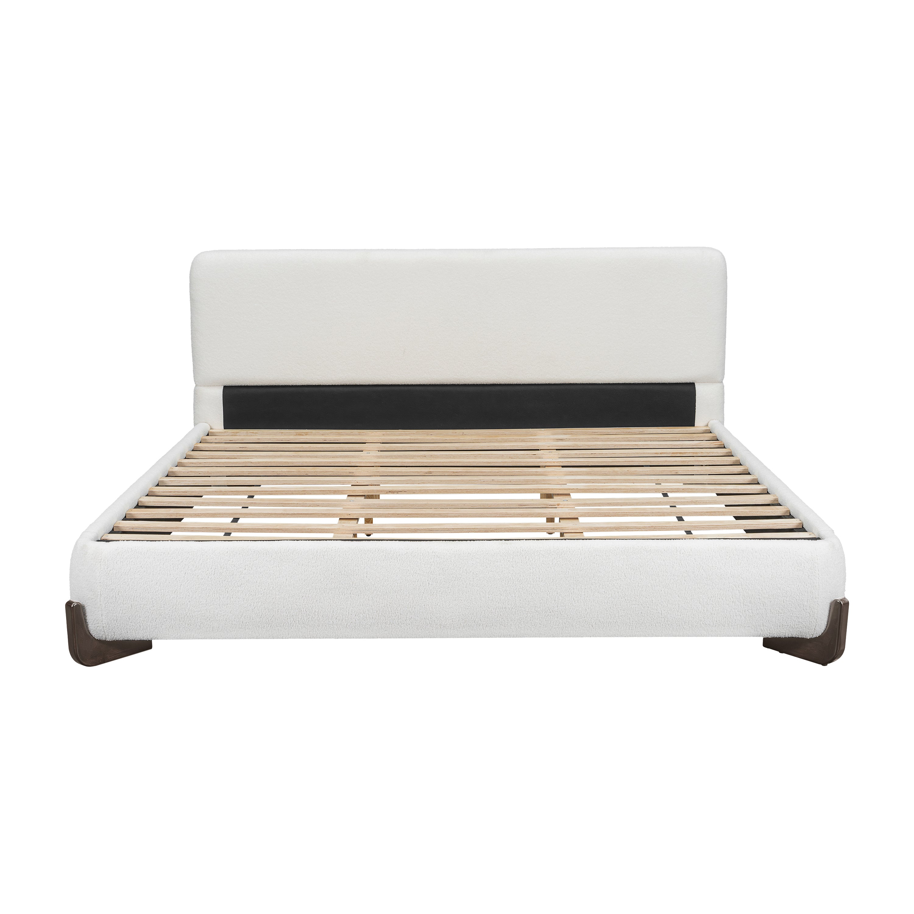 Front view of white bouclé king bed frame on white background