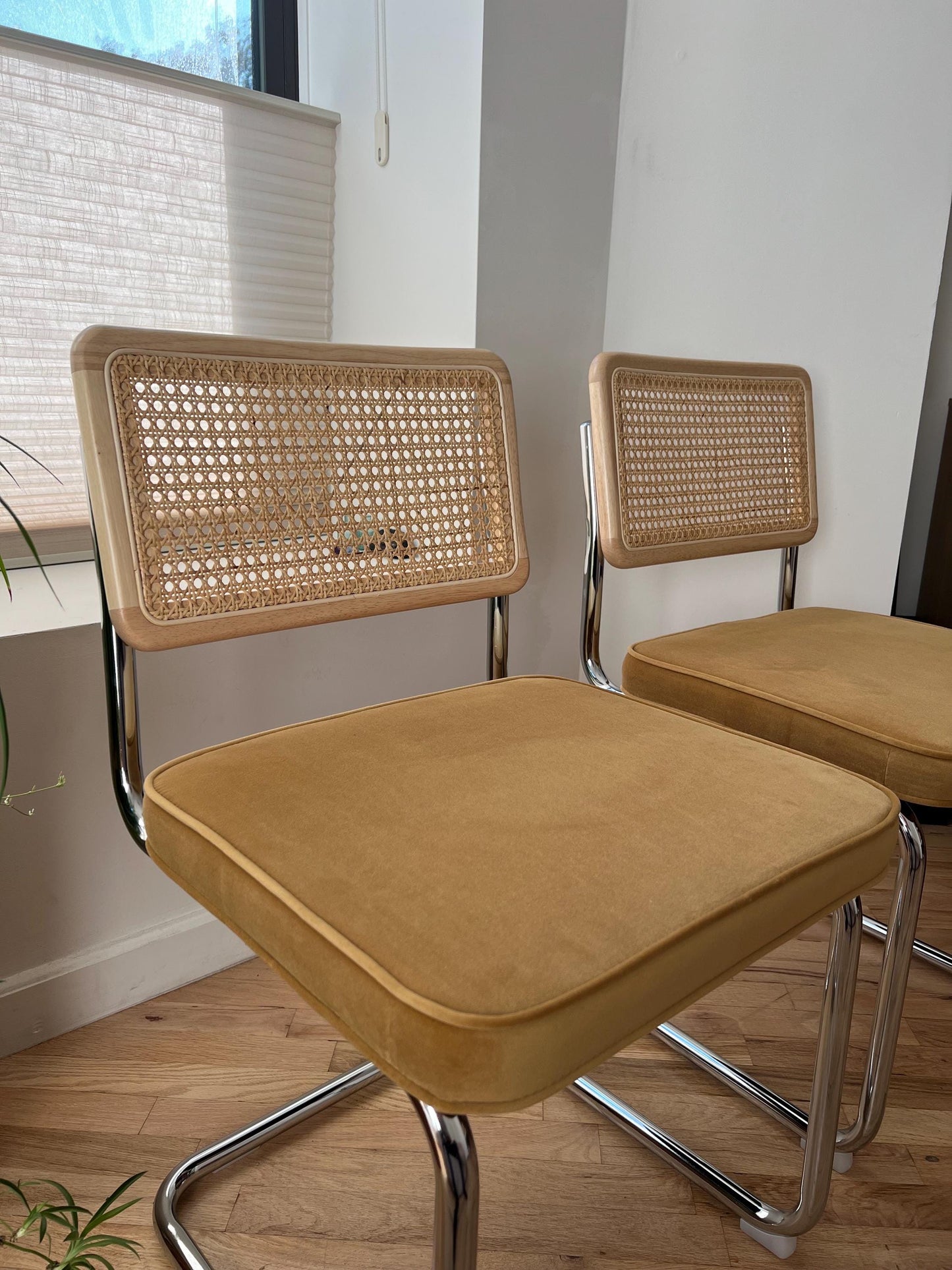 Midcentury Modern Dining Chair Set of 2 - Yellow Velvet with Rattan Accents