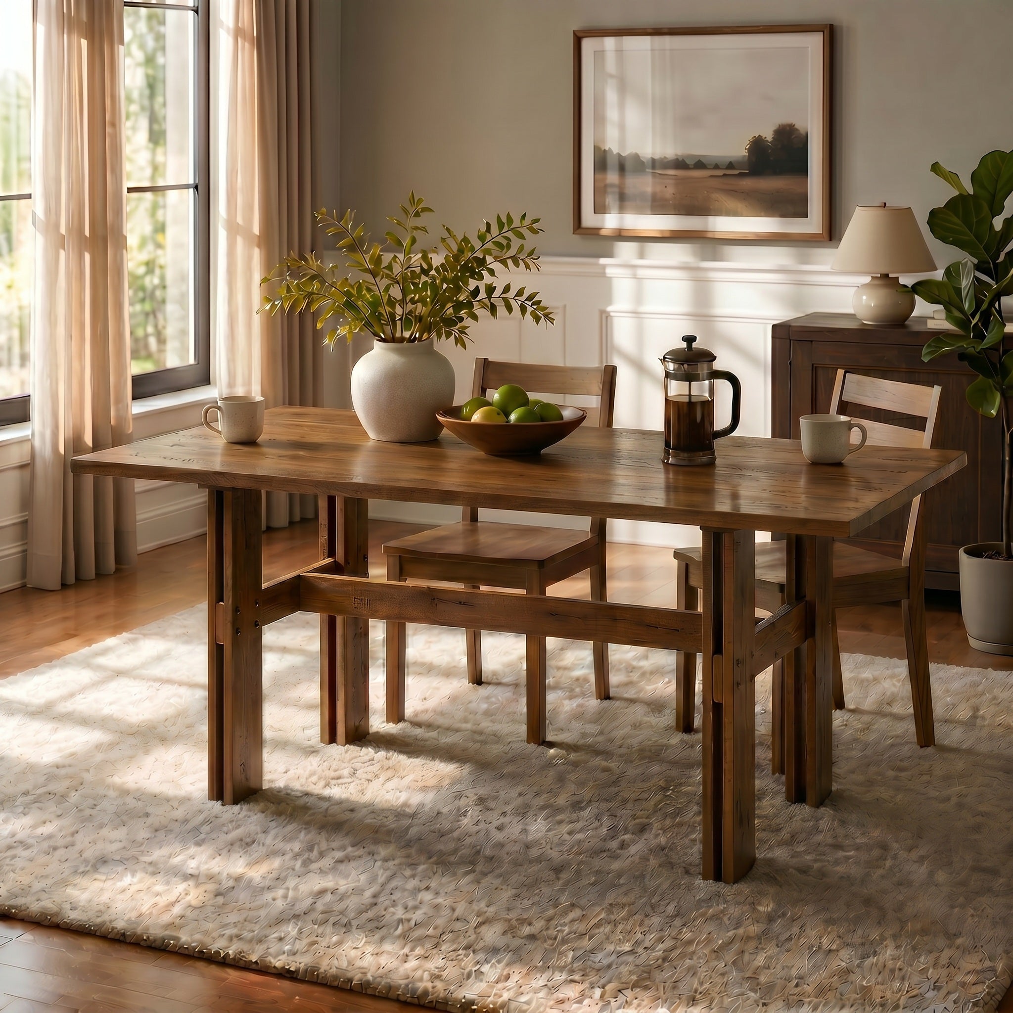 Walnut-tone rectangular dining table styled in a sunlit farmhouse room with vase, fruit and french press