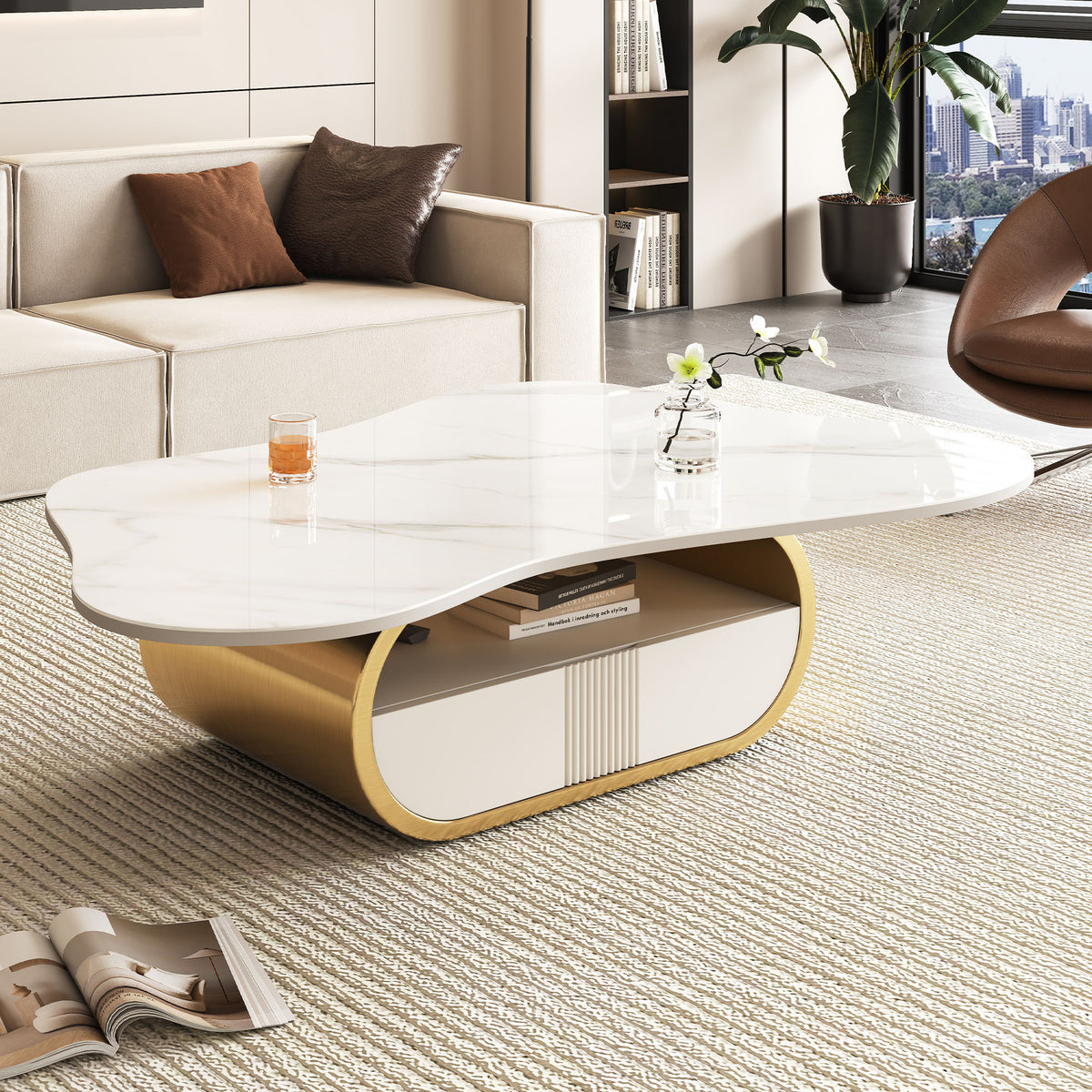 Gold Sintered Stone Oval Coffee Table with Storage, 41.7 in