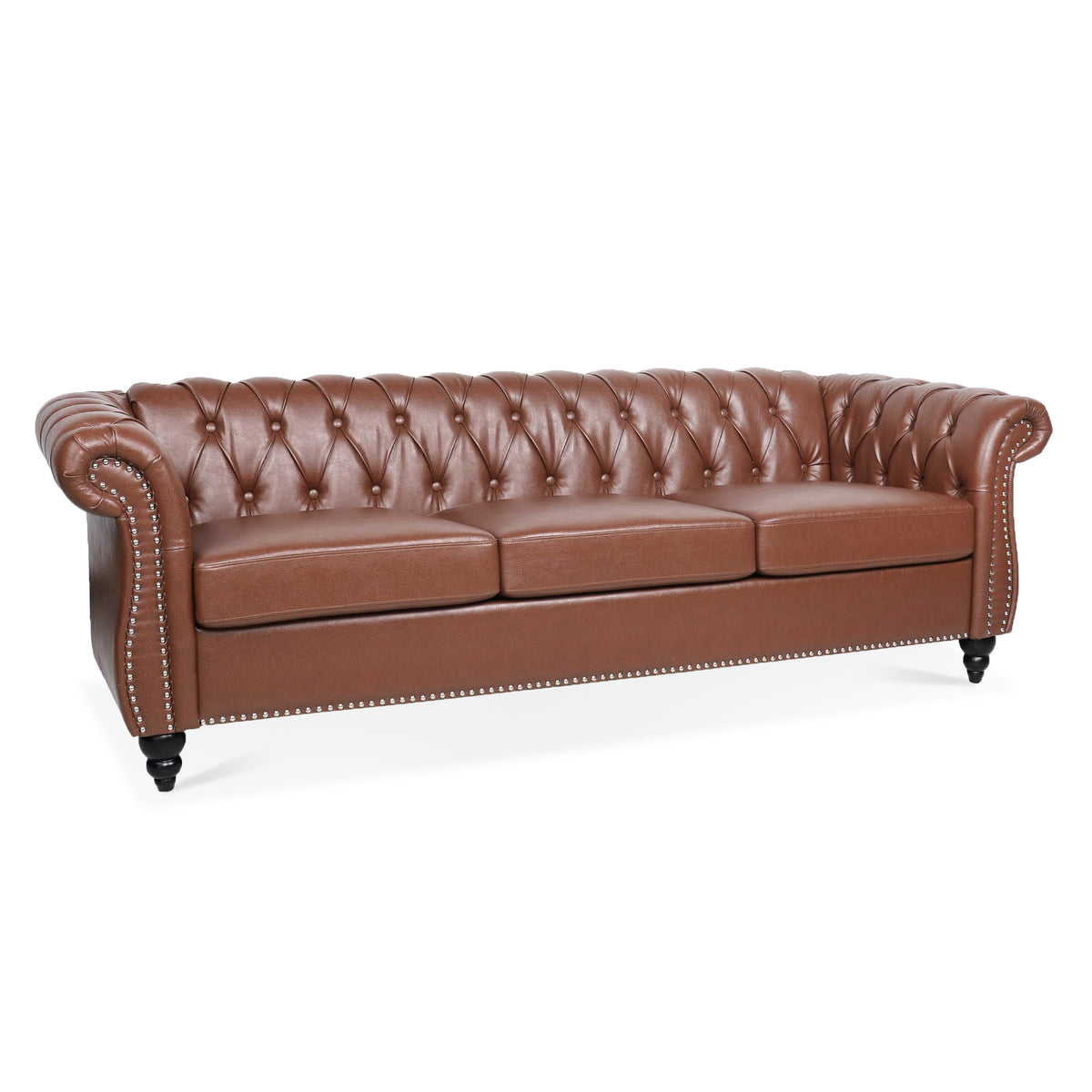 Brown Vegan Leather 3-Seat Chesterfield Sofa, 84.7 in Wide